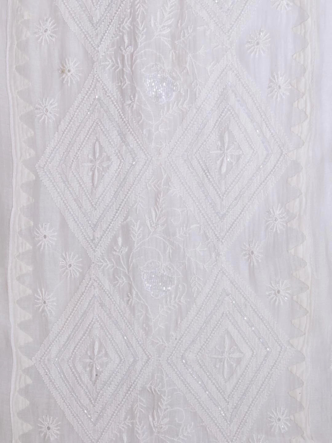 Ada Hand Embroidered White Chanderi Lucknowi Chikankari Semi-Stitched Kurta Dupatta Set With Pearl Work 01A377802