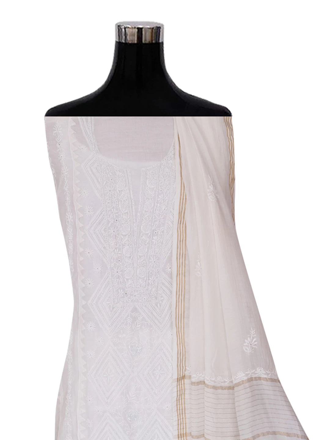Ada Hand Embroidered White Chanderi Lucknowi Chikankari Semi-Stitched Kurta Dupatta Set With Pearl Work 01A377802