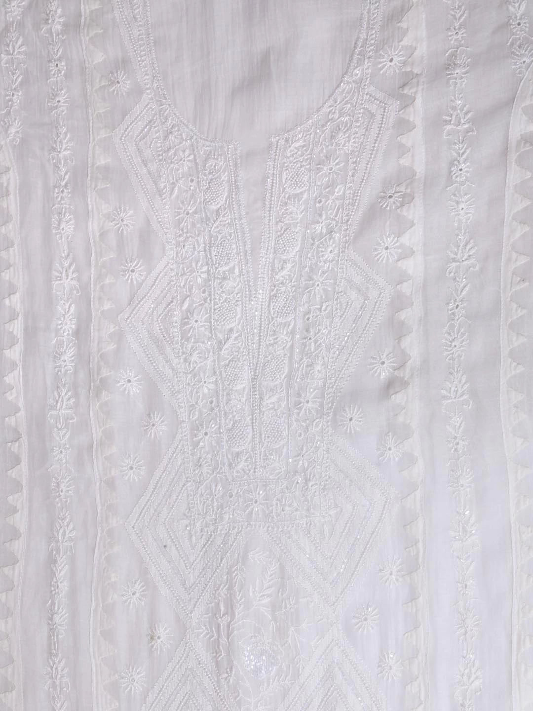 Ada Hand Embroidered White Chanderi Lucknowi Chikankari Semi-Stitched Kurta Dupatta Set With Pearl Work 01A377802