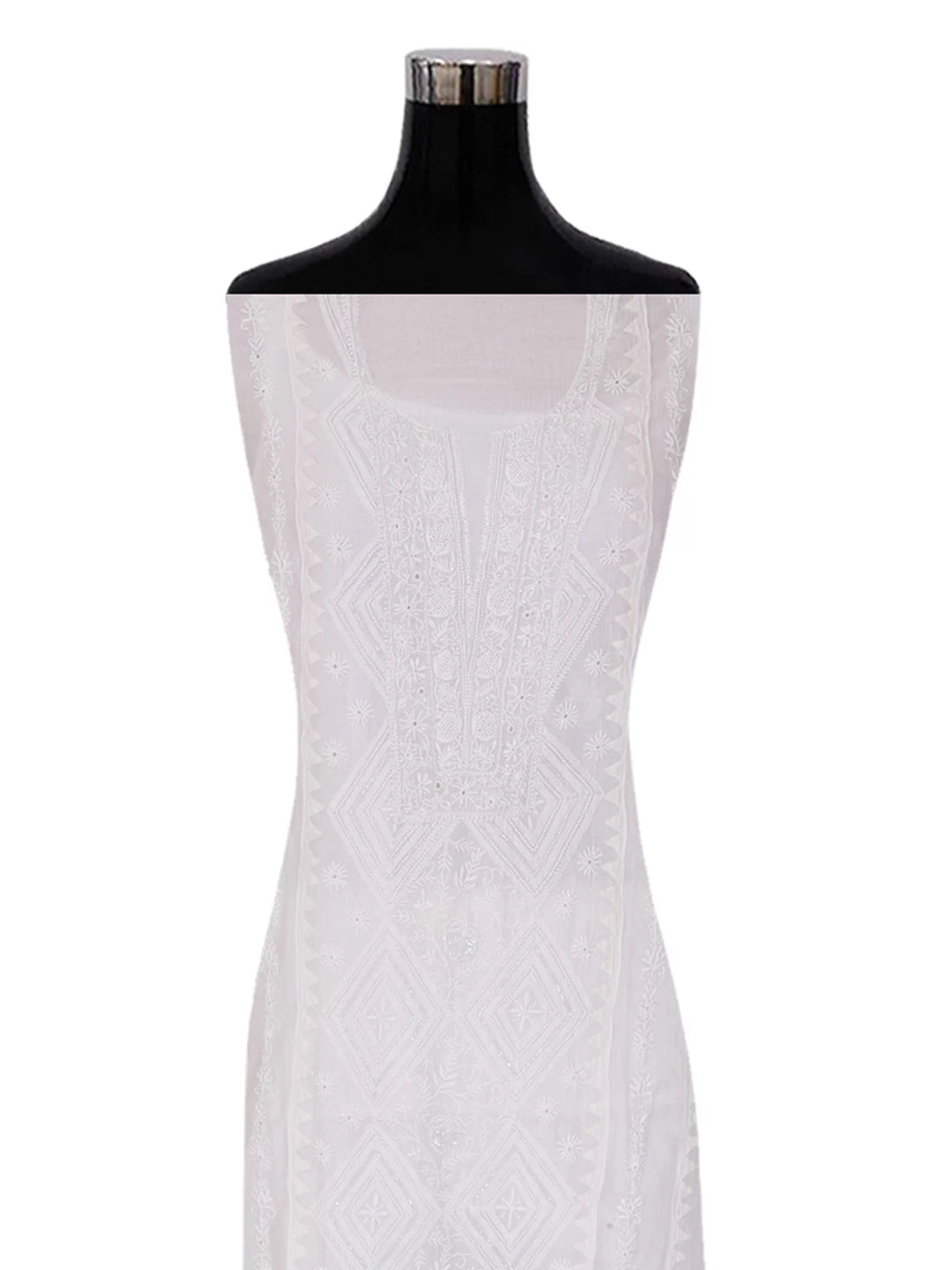 Ada Hand Embroidered White Chanderi Lucknowi Chikankari Semi-Stitched Kurta Dupatta Set With Pearl Work 01A377802