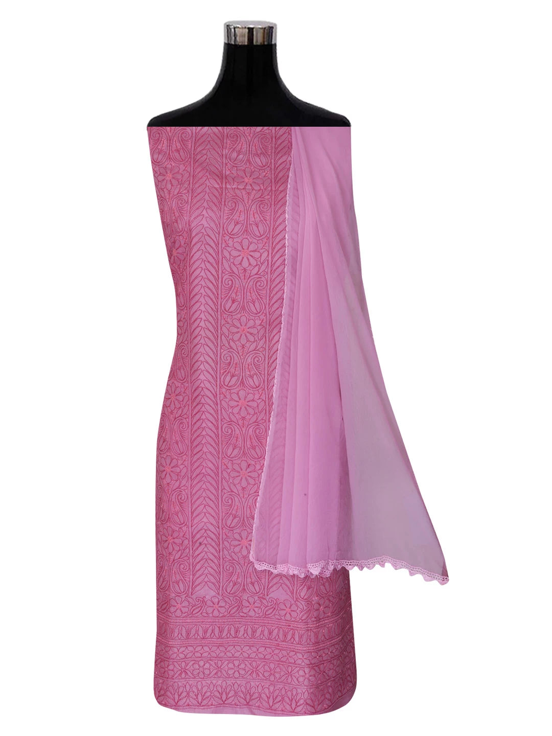Ada Hand Embroidered Onion Pink Silk Lucknowi Chikankari Unstitched Suit Piece 01A362931