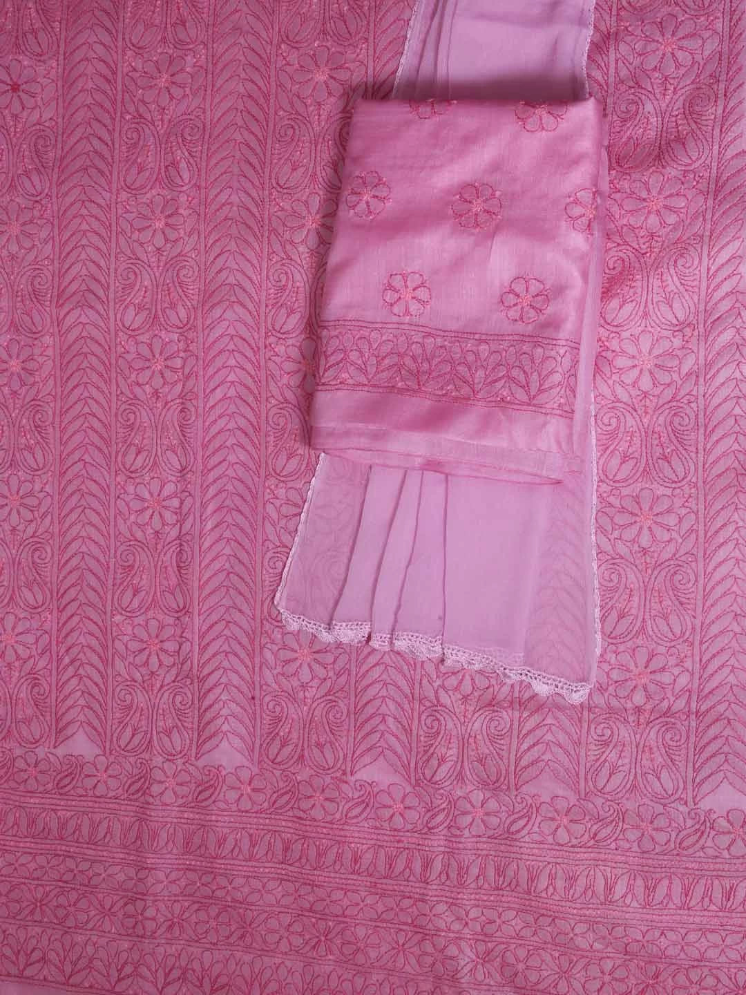 Ada Hand Embroidered Onion Pink Silk Lucknowi Chikankari Unstitched Suit Piece 01A362931