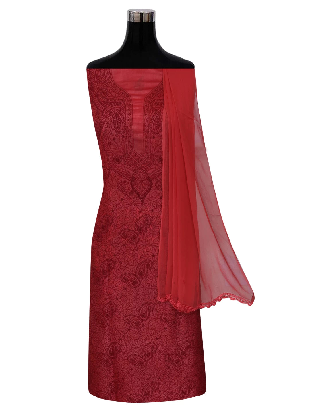 Ada Hand Embroidered Maroon Silk Lucknowi Chikankari Unstitched Suit Piece 01A364059