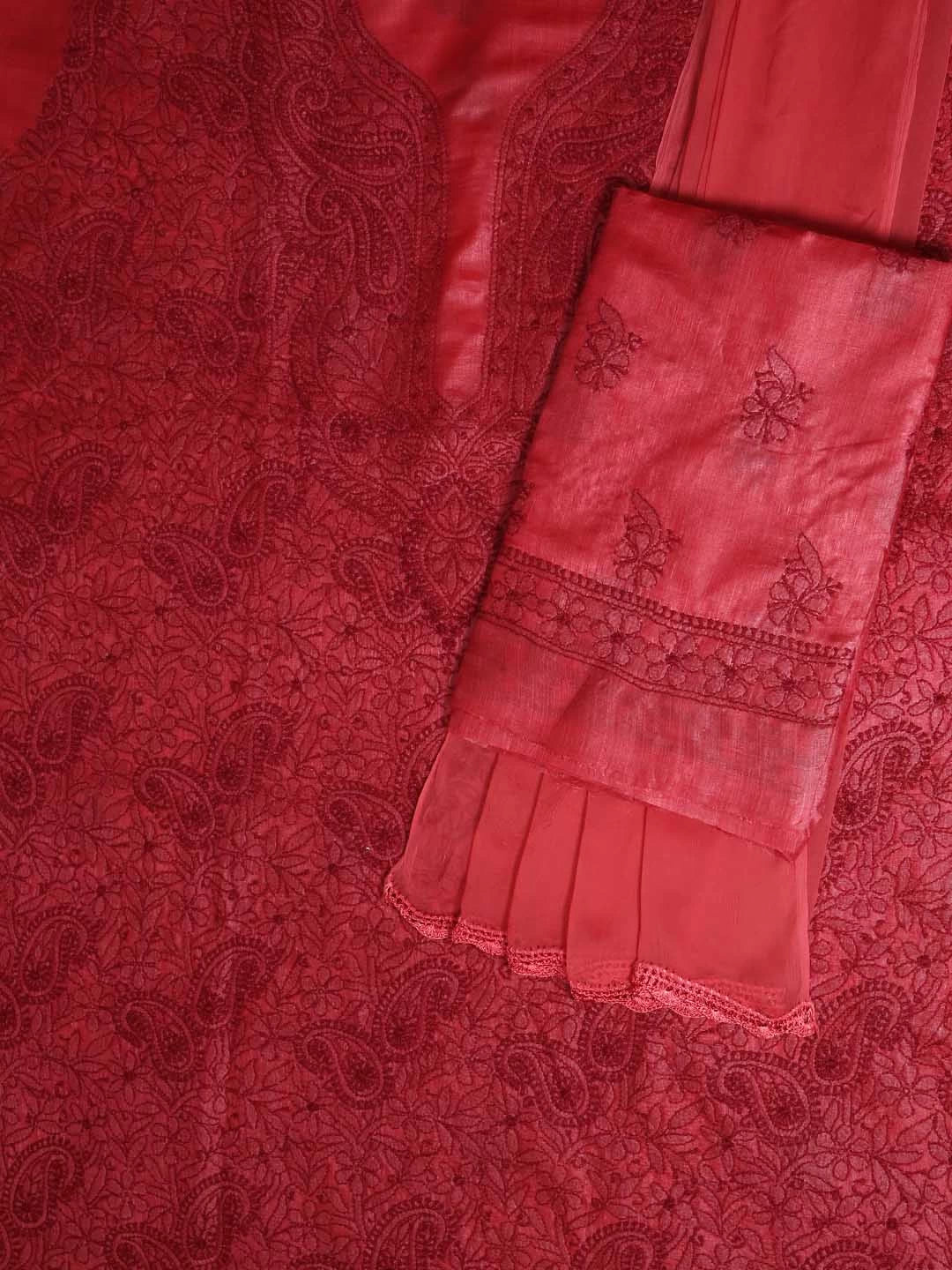 Ada Hand Embroidered Maroon Silk Lucknowi Chikankari Unstitched Suit Piece 01A364059