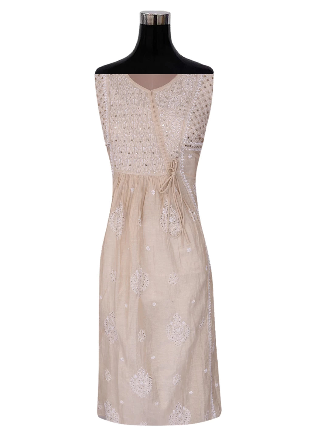Ada Hand Embroidered Natural Fawn Tissue Lucknowi Chikankari Semi-Stitched Kurta Piece With Muqaish Work 01A365997