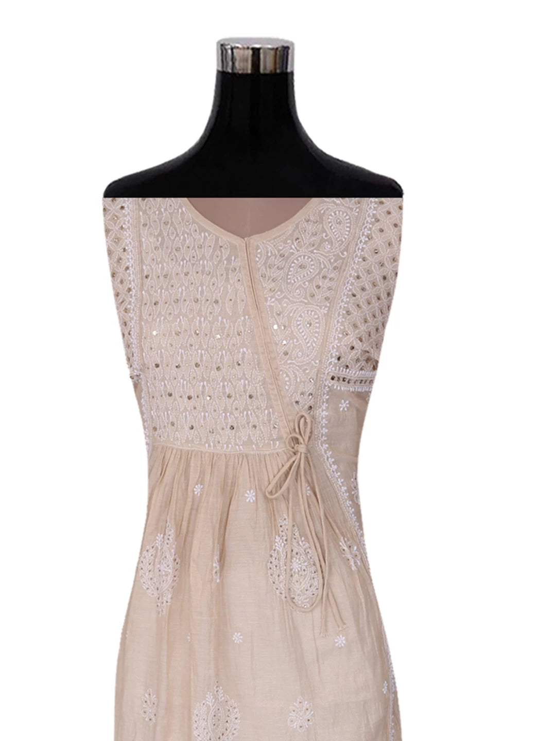 Ada Hand Embroidered Natural Fawn Tissue Lucknowi Chikankari Semi-Stitched Kurta Piece With Muqaish Work 01A365997