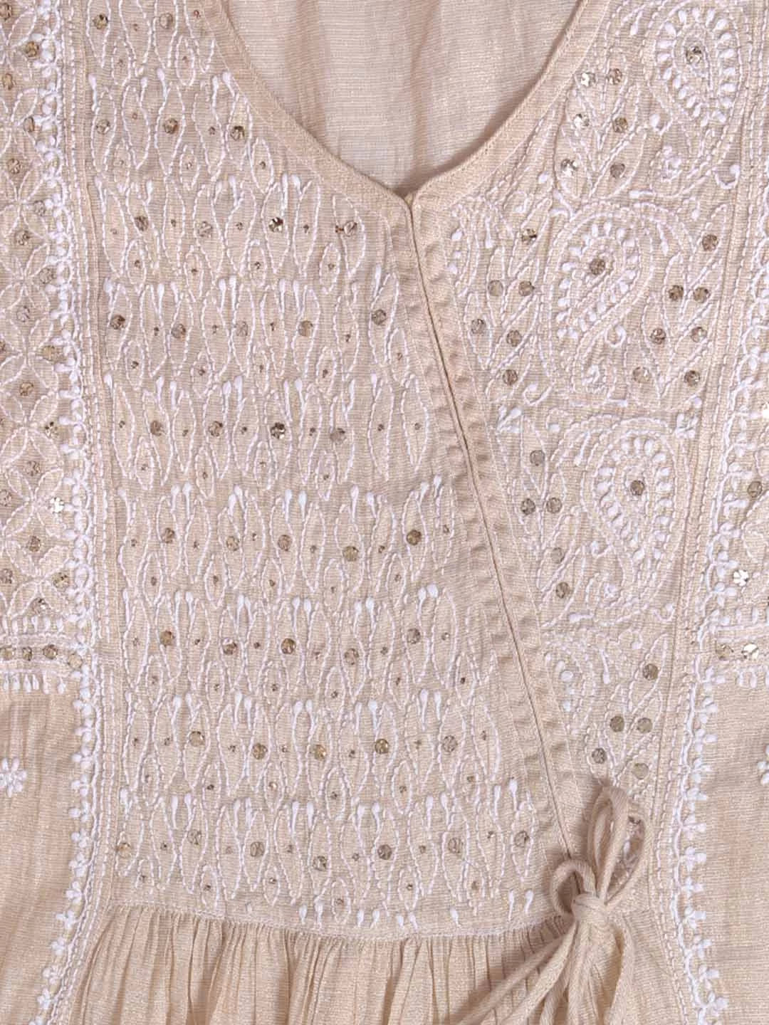Ada Hand Embroidered Natural Fawn Tissue Lucknowi Chikankari Semi-Stitched Kurta Piece With Muqaish Work 01A365997