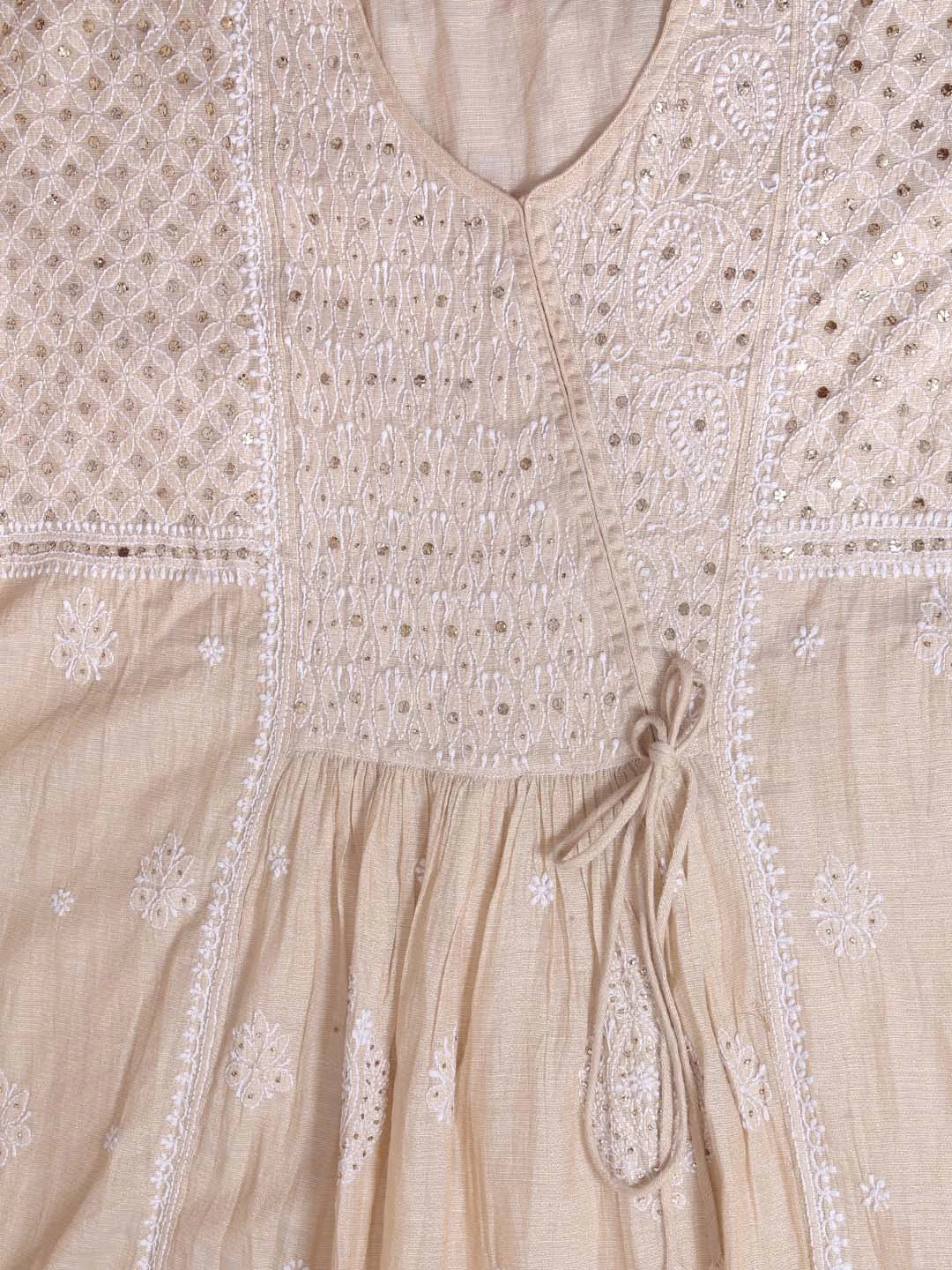Ada Hand Embroidered Natural Fawn Tissue Lucknowi Chikankari Semi-Stitched Kurta Piece With Muqaish Work 01A365997