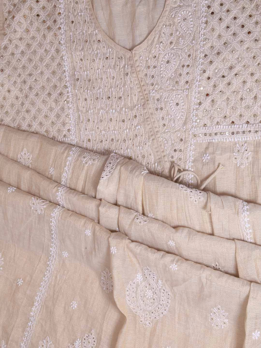 Ada Hand Embroidered Natural Fawn Tissue Lucknowi Chikankari Semi-Stitched Kurta Piece With Muqaish Work 01A365997