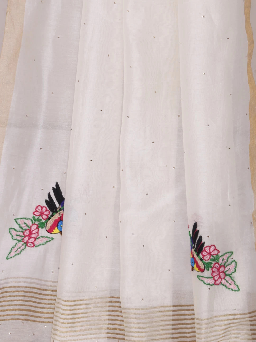 Ada Hand Embroidered Cream Chanderi Lucknowi Chikankari Dupatta With Muqaish Work 01A221180