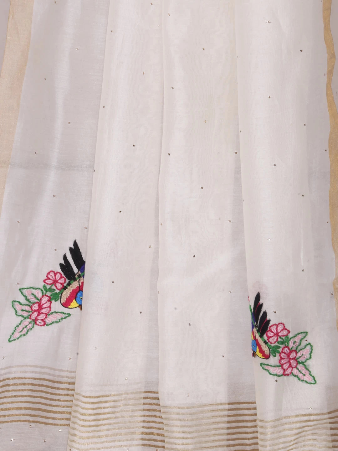 Ada Hand Embroidered Cream Chanderi Lucknowi Chikankari Dupatta With Muqaish Work 01A221180