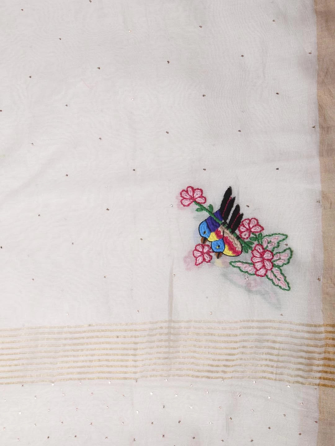 Ada Hand Embroidered Cream Chanderi Lucknowi Chikankari Dupatta With Muqaish Work 01A221180