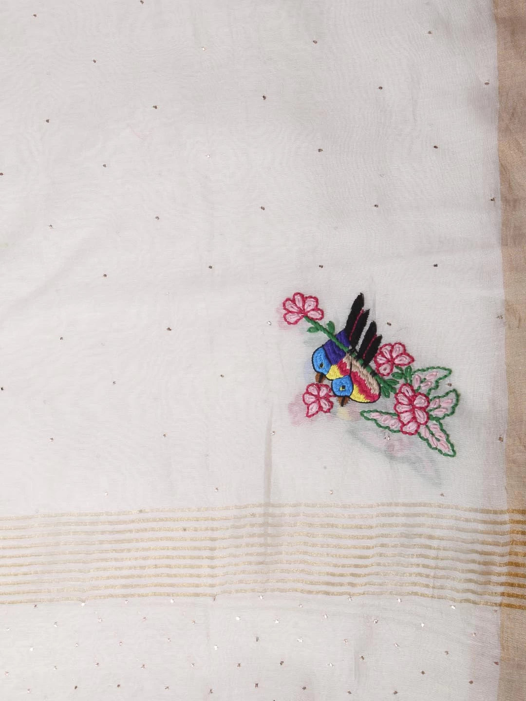 Ada Hand Embroidered Cream Chanderi Lucknowi Chikankari Dupatta With Muqaish Work 01A221180