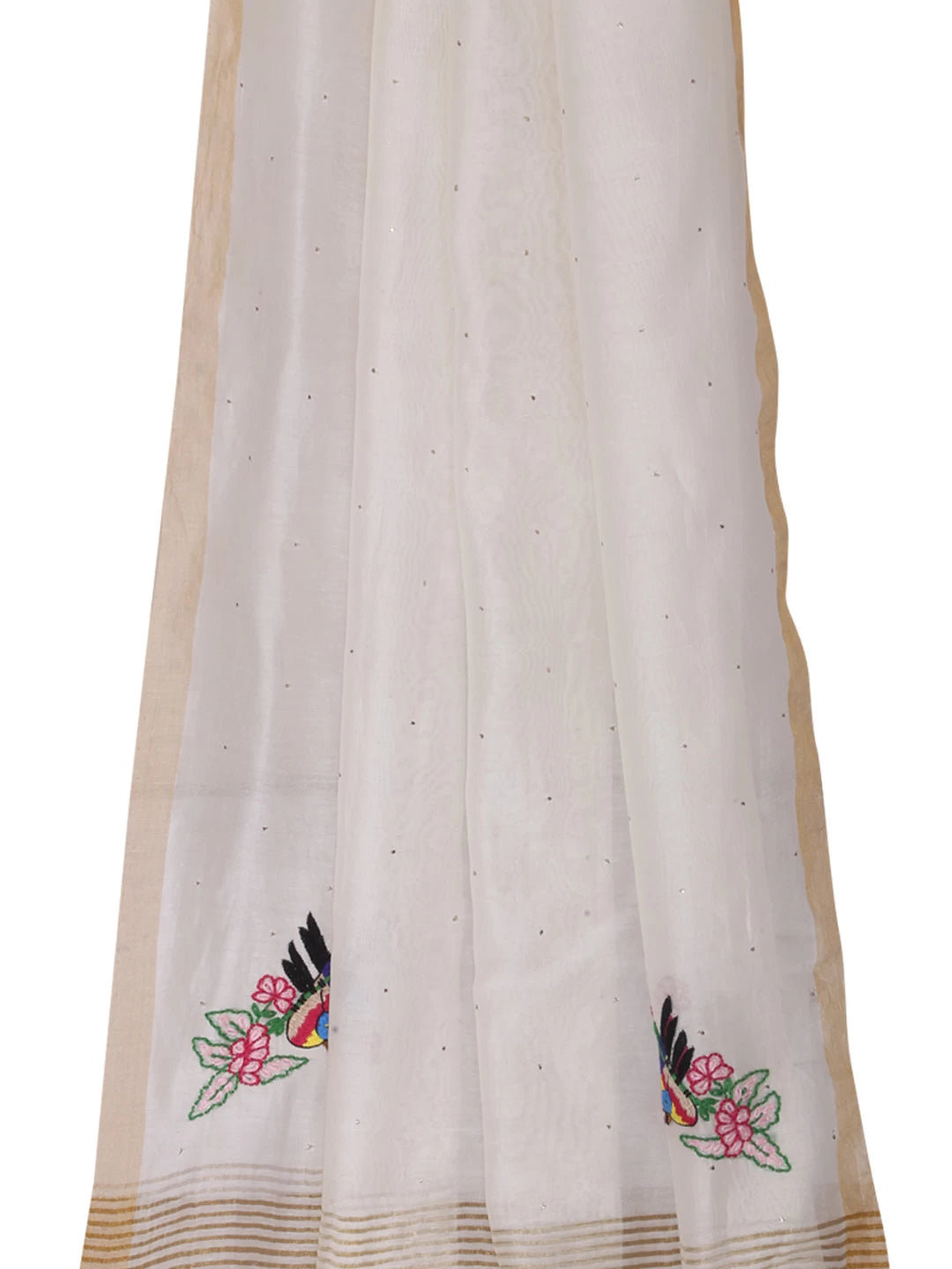 Ada Hand Embroidered Cream Chanderi Lucknowi Chikankari Dupatta With Muqaish Work 01A221180