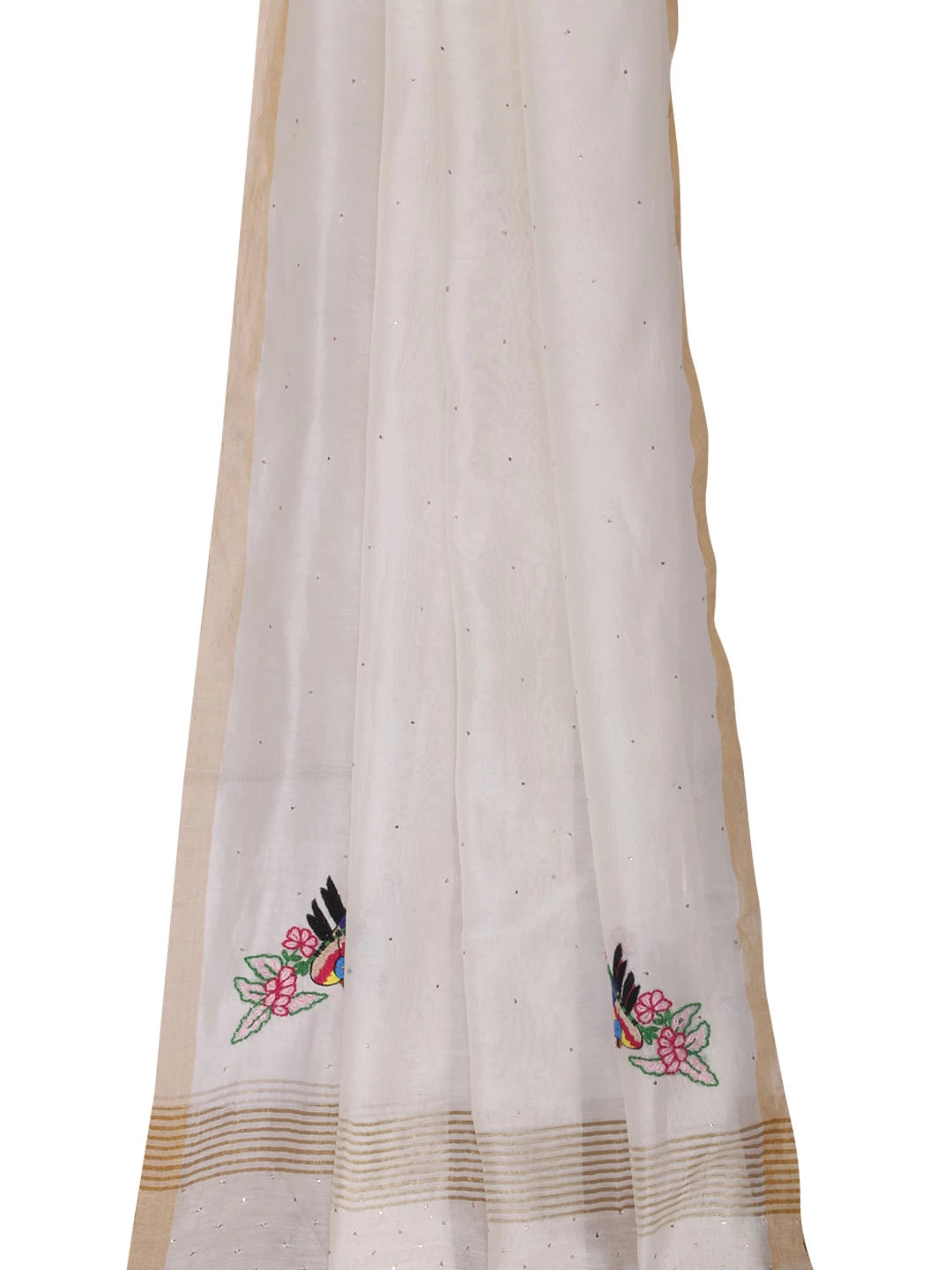 Ada Hand Embroidered Cream Chanderi Lucknowi Chikankari Dupatta With Muqaish Work 01A221180