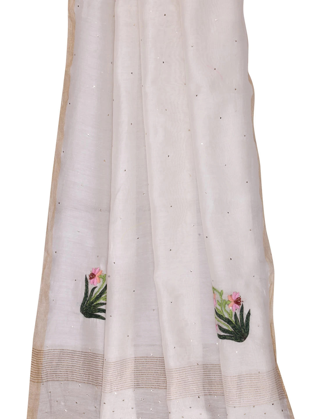 Ada Hand Embroidered Cream Chanderi Lucknowi Chikankari Dupatta With Muqaish Work 01A221178