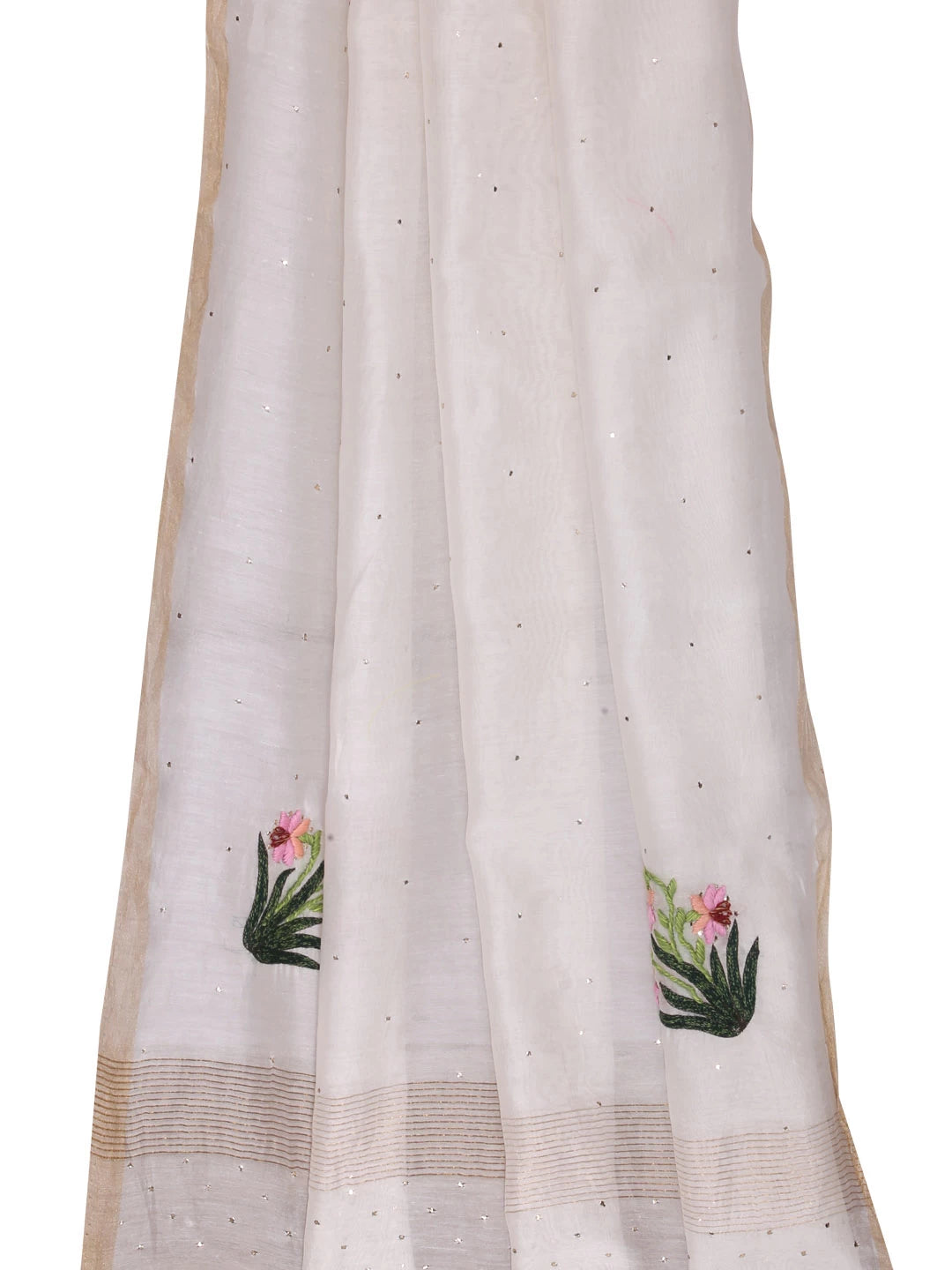 Ada Hand Embroidered Cream Chanderi Lucknowi Chikankari Dupatta With Muqaish Work 01A221178