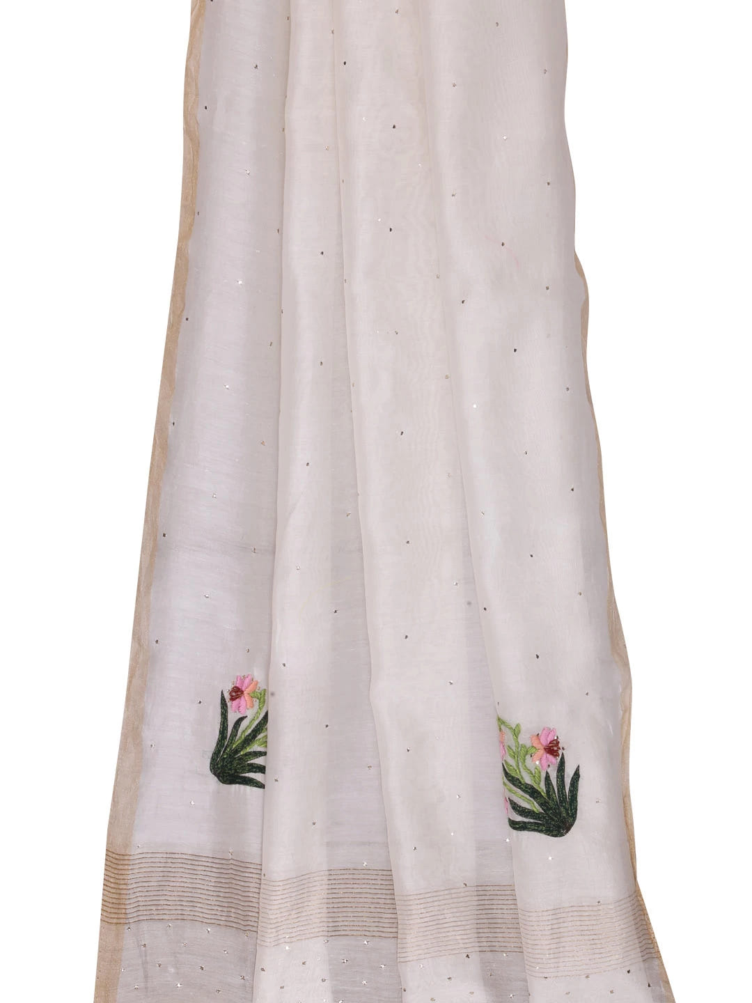 Ada Hand Embroidered Cream Chanderi Lucknowi Chikankari Dupatta With Muqaish Work 01A221178