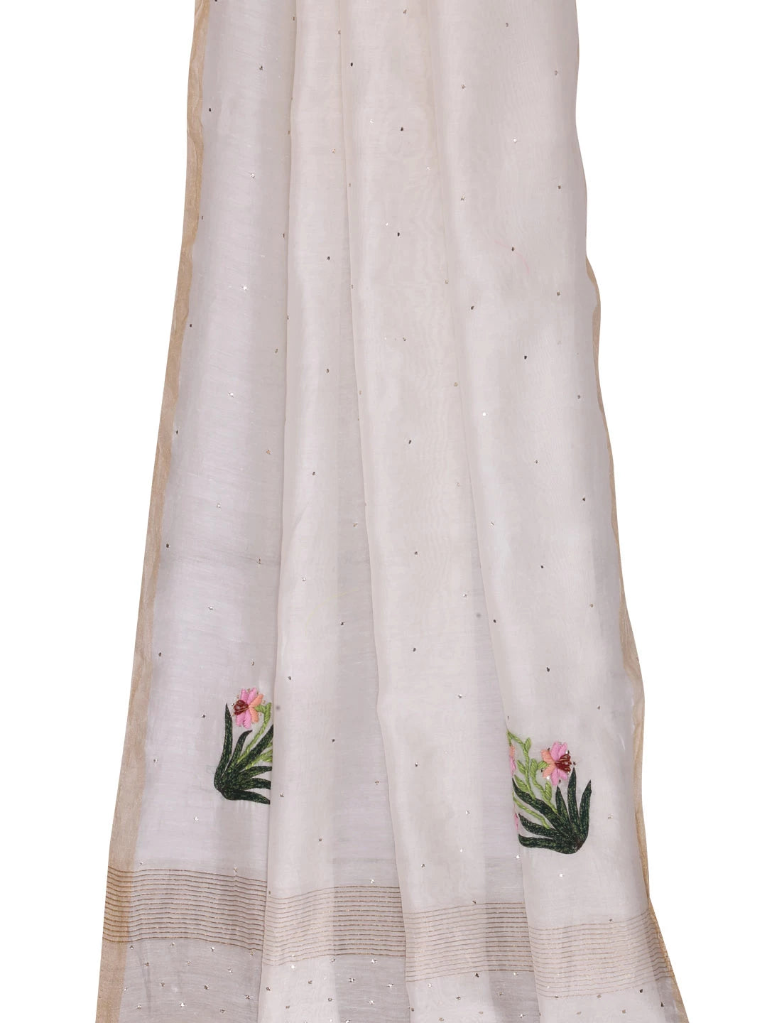 Ada Hand Embroidered Cream Chanderi Lucknowi Chikankari Dupatta With Muqaish Work 01A221178