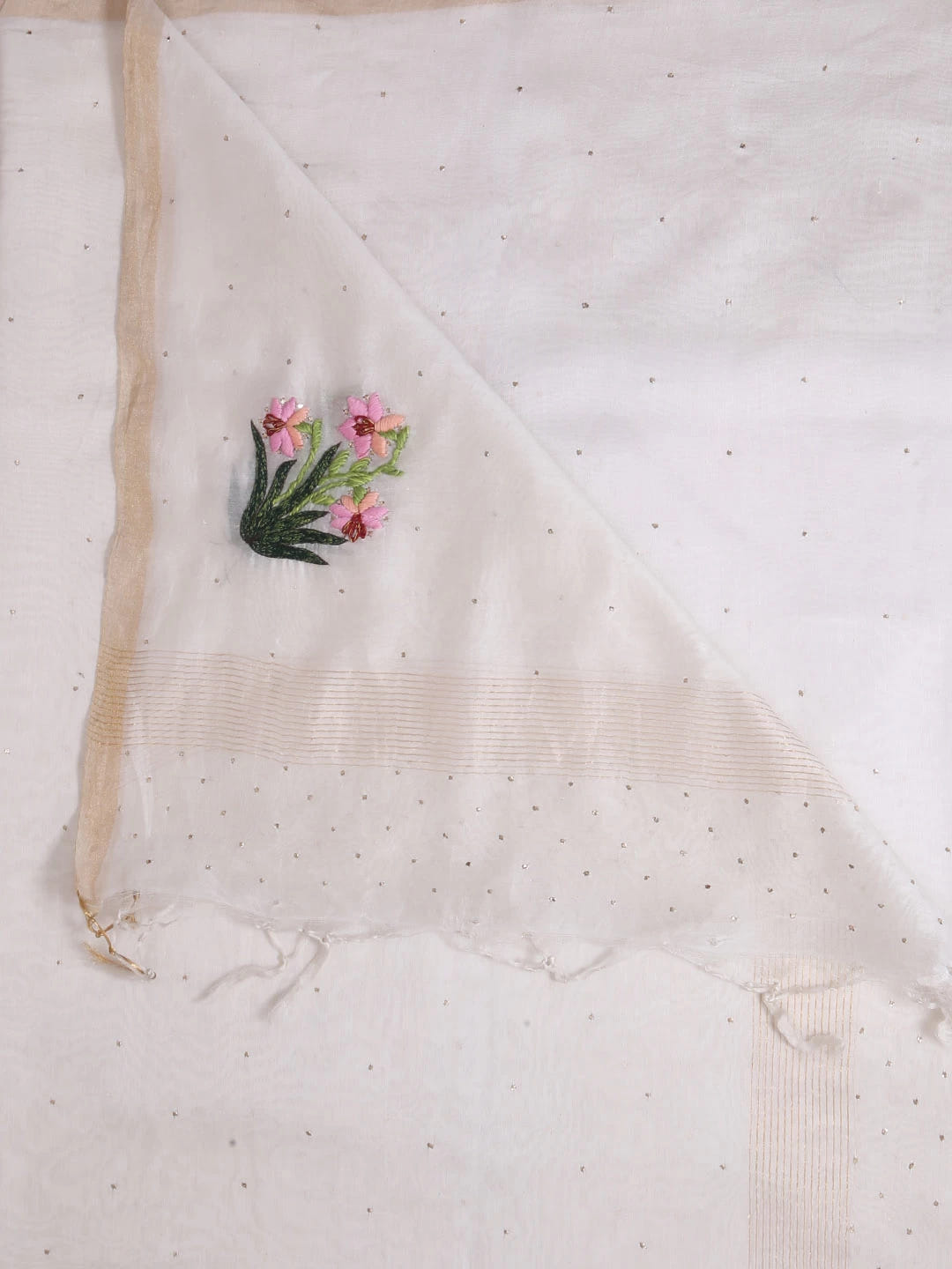 Ada Hand Embroidered Cream Chanderi Lucknowi Chikankari Dupatta With Muqaish Work 01A221178