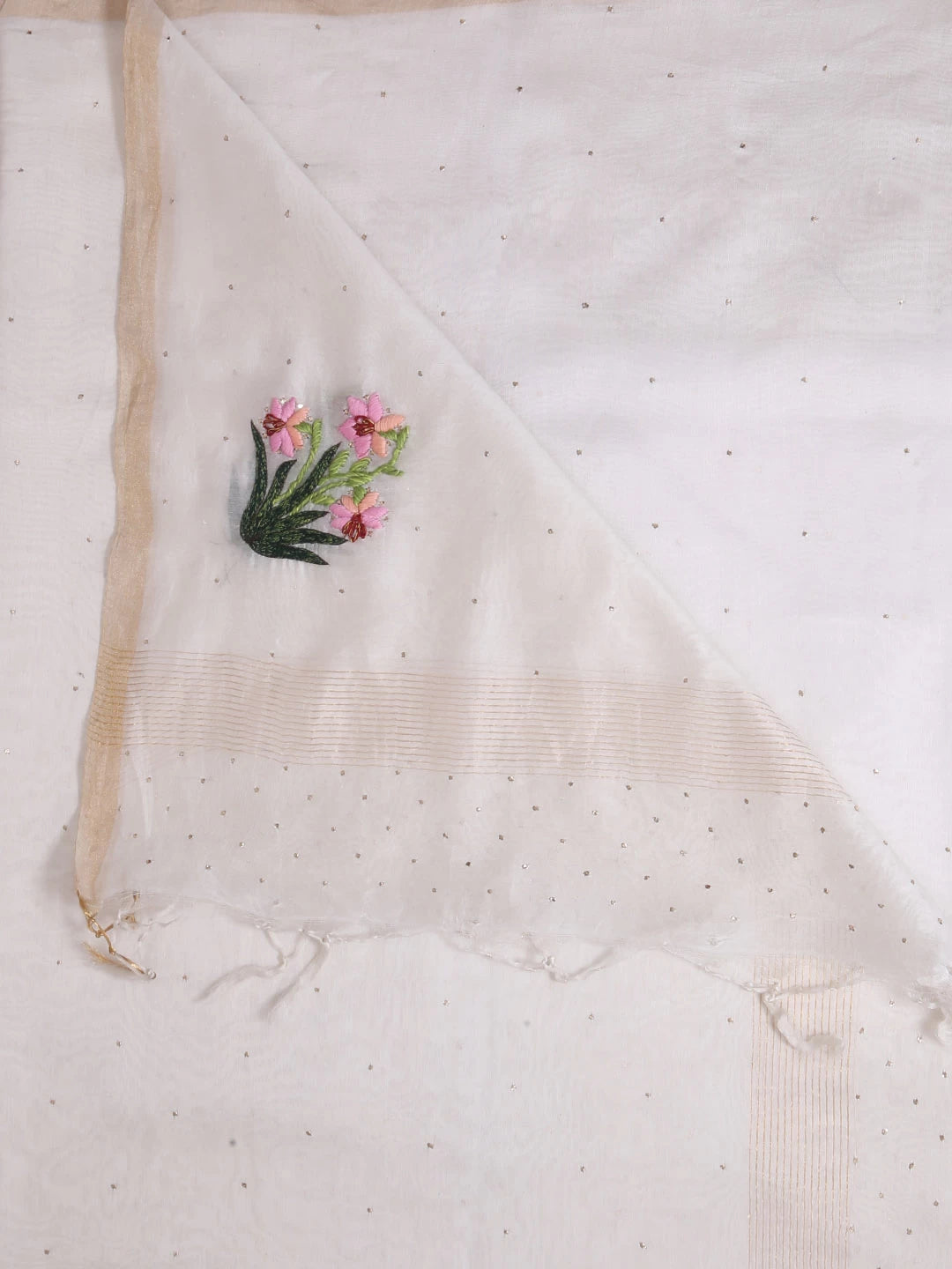 Ada Hand Embroidered Cream Chanderi Lucknowi Chikankari Dupatta With Muqaish Work 01A221178