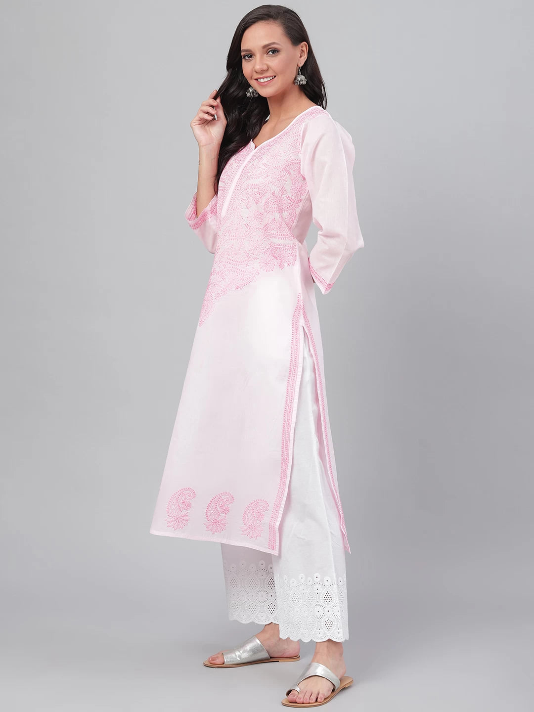 Ada Hand Embroidered Pink Cotton Lucknowi Chikankari Straight Kurta A224083