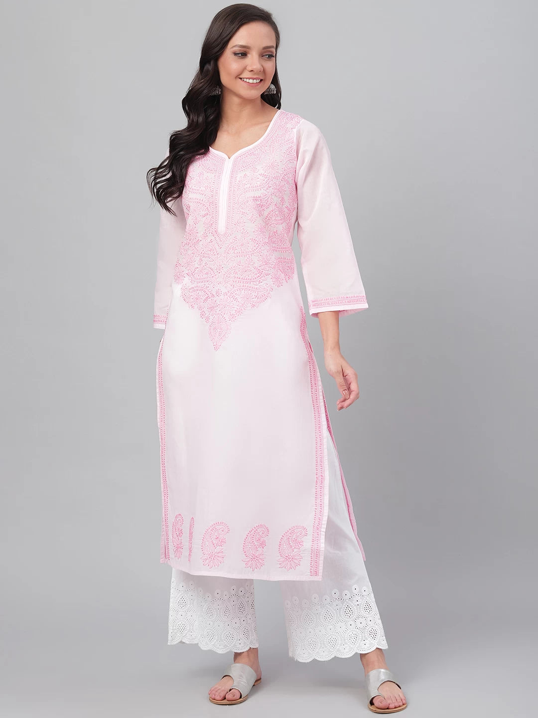 Ada Hand Embroidered Pink Cotton Lucknowi Chikankari Straight Kurta A224083