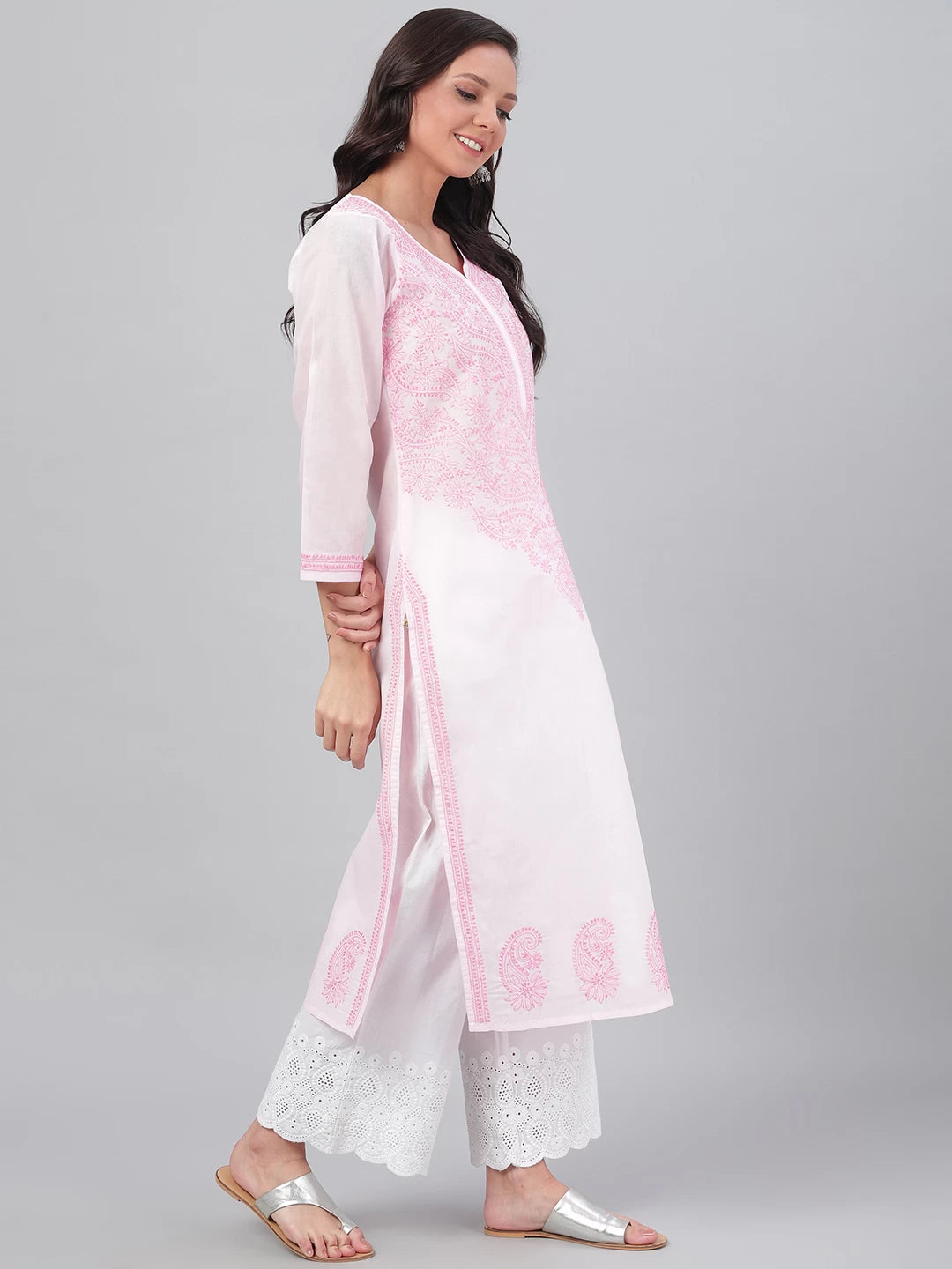 Ada Hand Embroidered Pink Cotton Lucknowi Chikankari Straight Kurta A224083