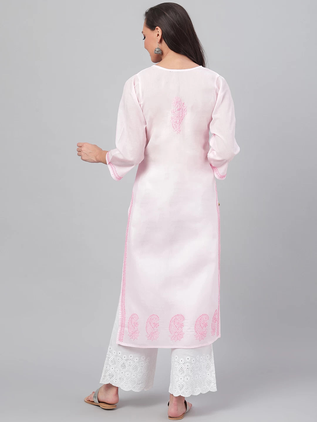 Ada Hand Embroidered Pink Cotton Lucknowi Chikankari Straight Kurta A224083