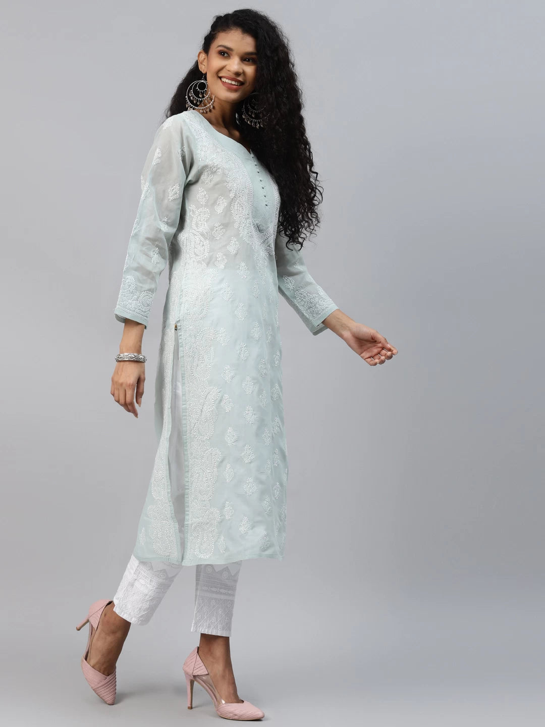 Ada Hand Embroidered Grey Cotton Lucknowi Chikankari Straight Kurta A240295