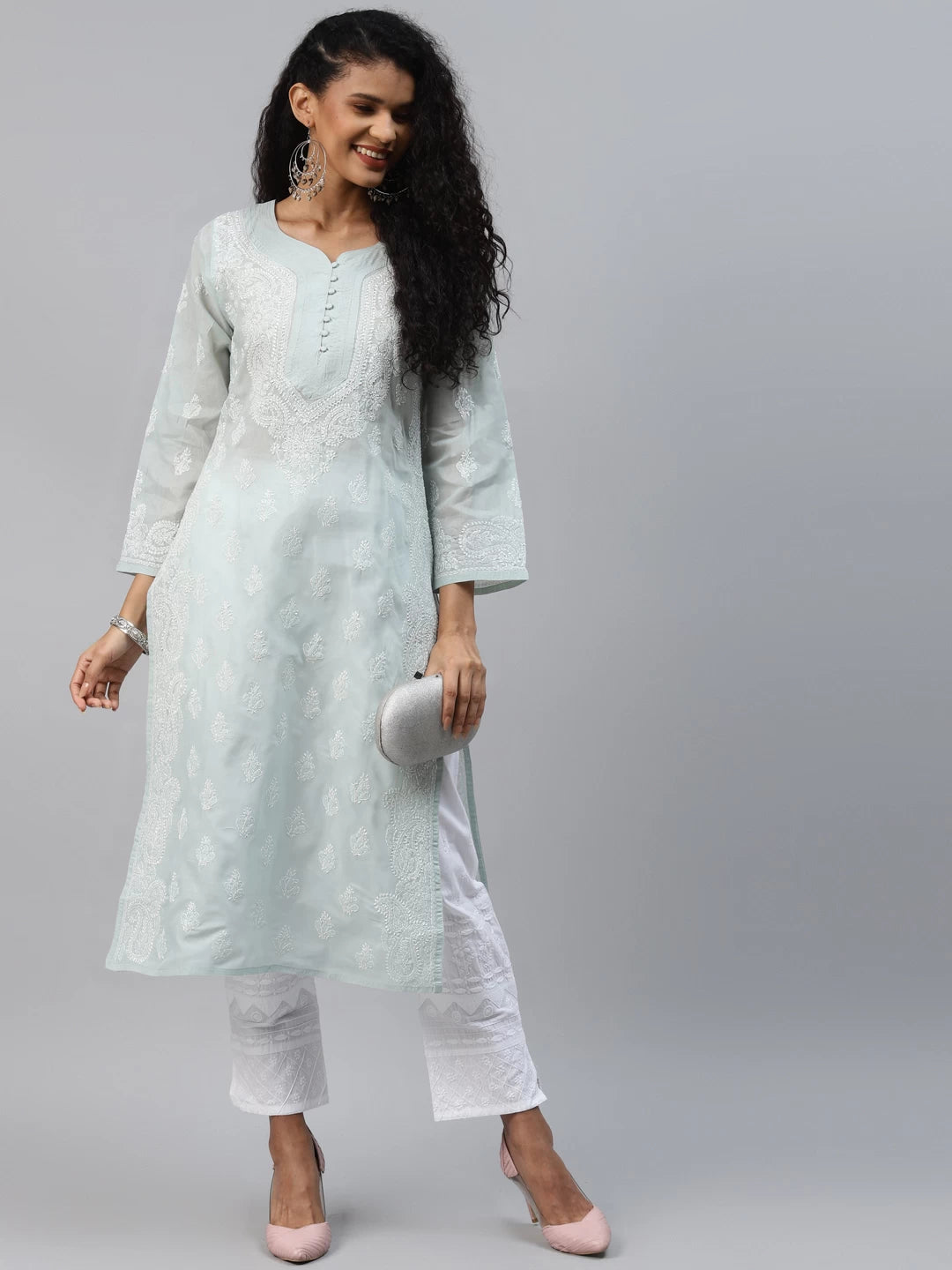 Ada Hand Embroidered Grey Cotton Lucknowi Chikankari Straight Kurta A240295