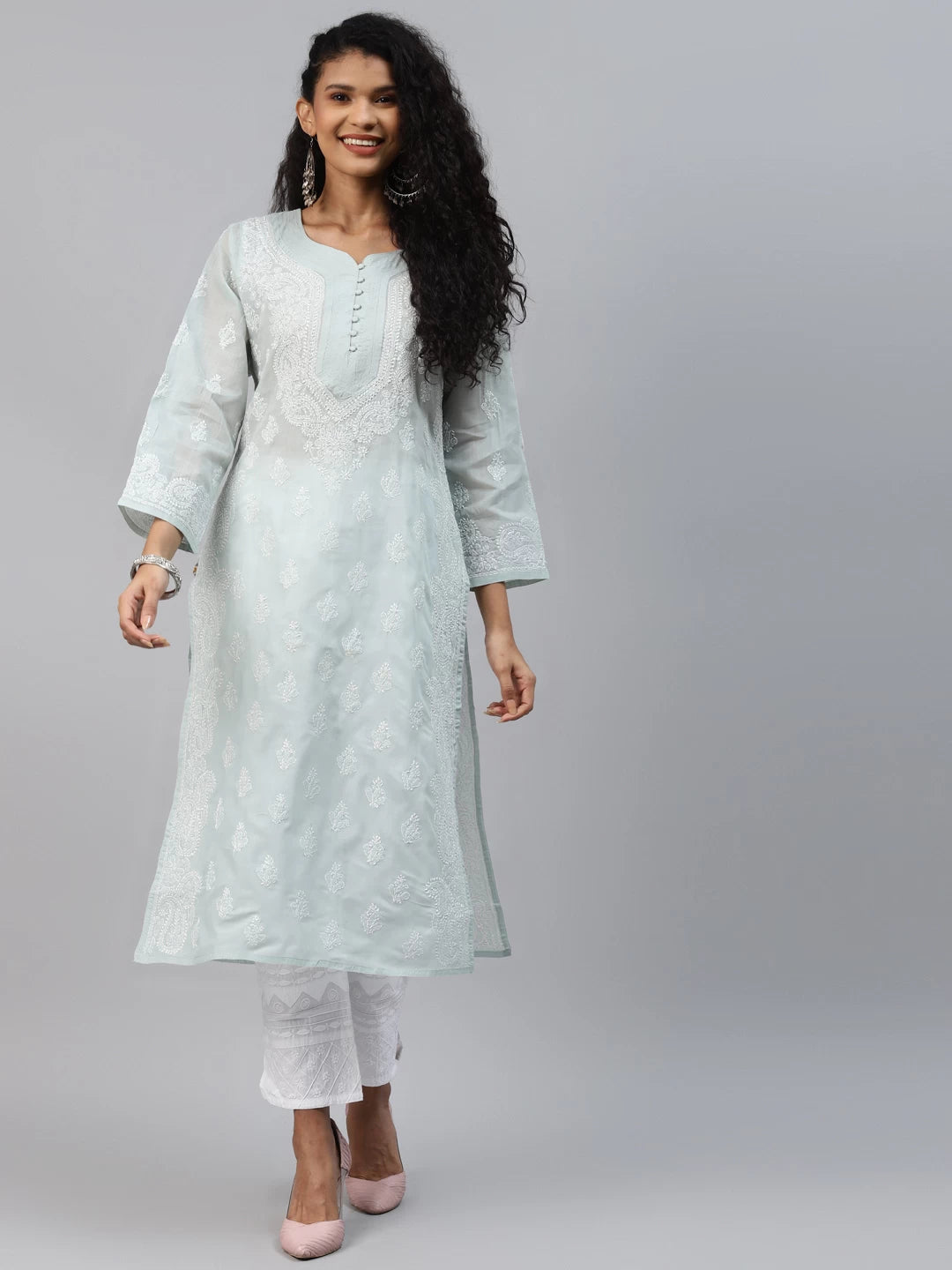 Ada Hand Embroidered Grey Cotton Lucknowi Chikankari Straight Kurta A240295