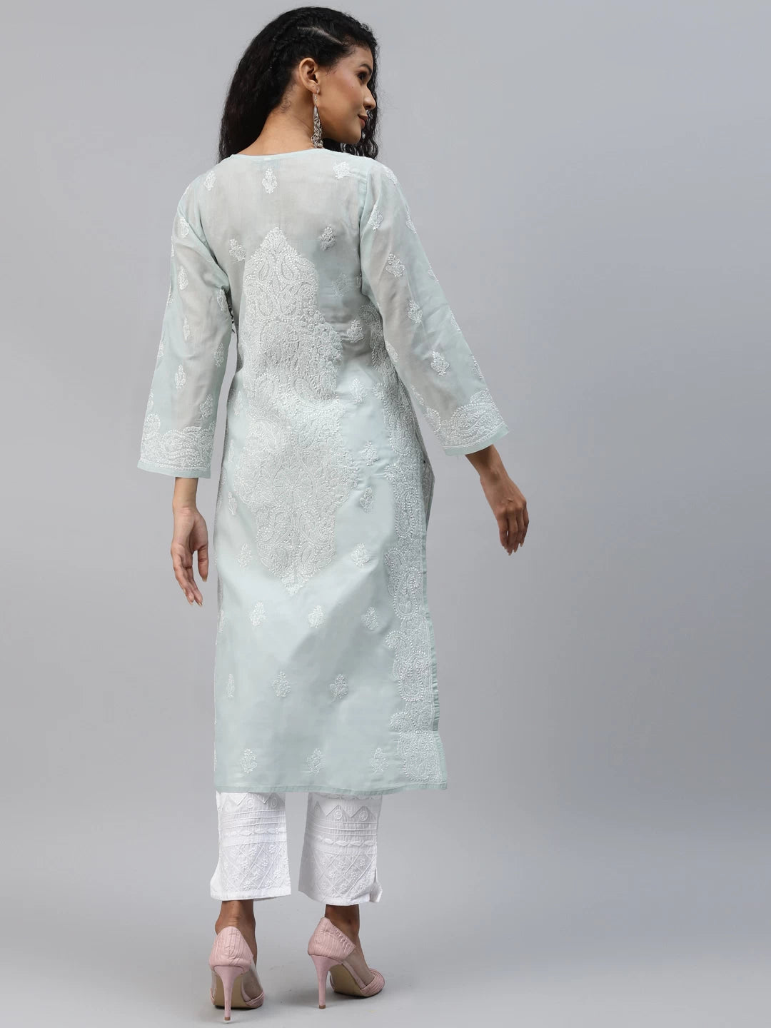 Ada Hand Embroidered Grey Cotton Lucknowi Chikankari Straight Kurta A240295