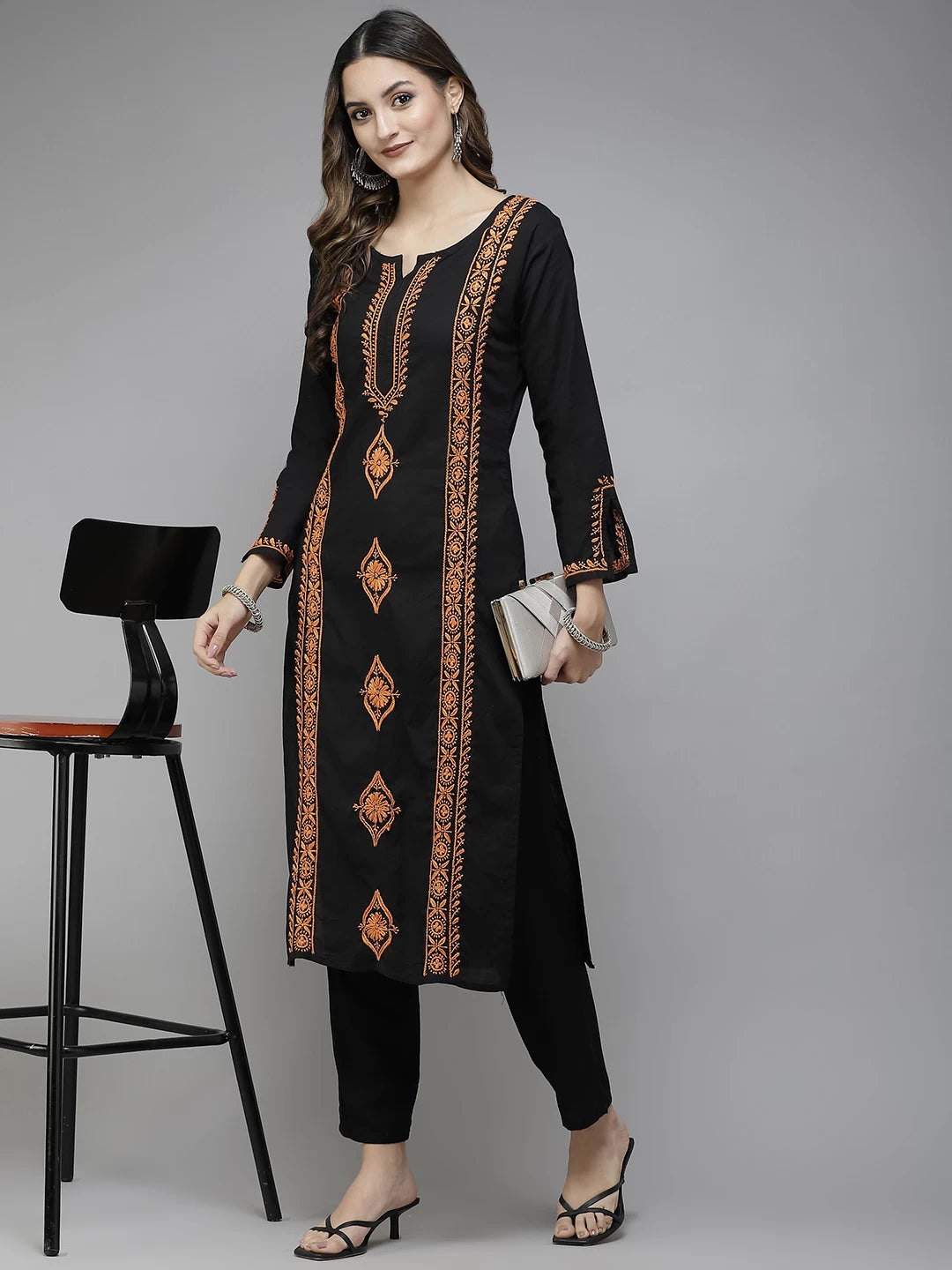 Ada Hand Embroidered Black Cotton Lucknowi Chikan Straight Kurta A411389