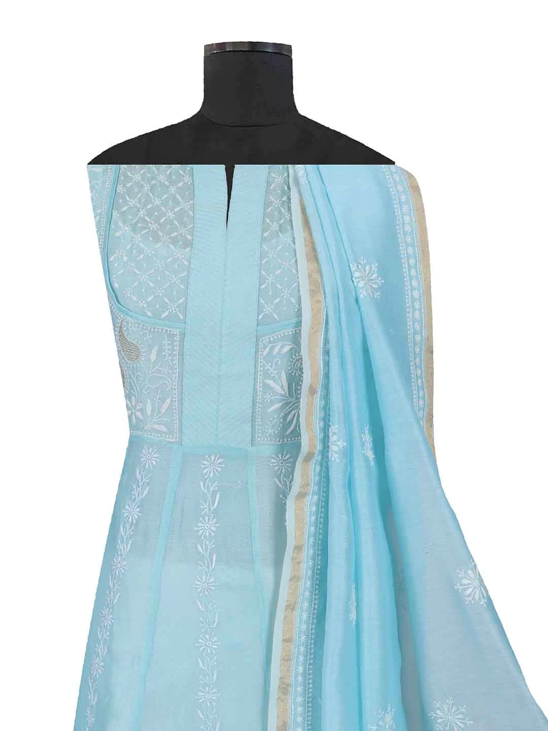 Ada Hand Embroidered Arctic Blue Chanderi Lucknowi Chikankari Semi-Stitched Anarkali Kurta Dupatta Set With Zari Work 01A231898