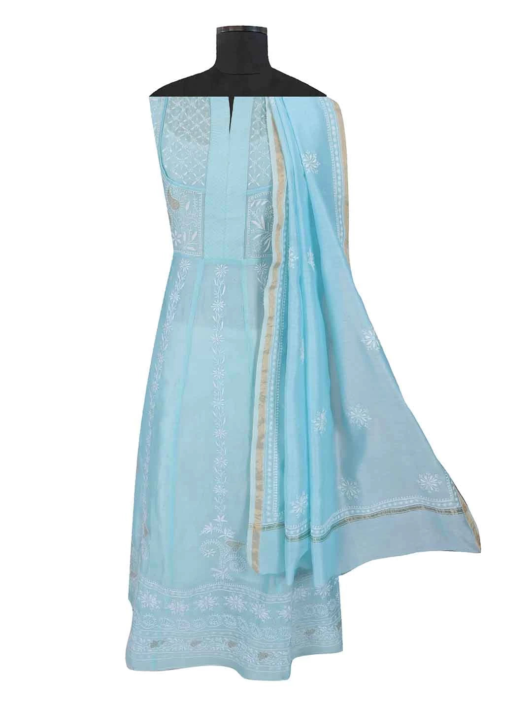 Ada Hand Embroidered Arctic Blue Chanderi Lucknowi Chikankari Semi-Stitched Anarkali Kurta Dupatta Set With Zari Work 01A231898