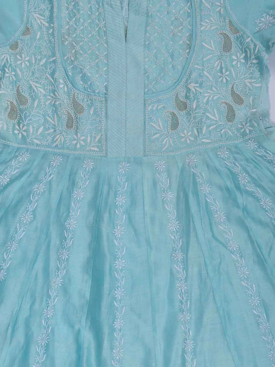 Ada Hand Embroidered Arctic Blue Chanderi Lucknowi Chikankari Semi-Stitched Anarkali Kurta Dupatta Set With Zari Work 01A231898