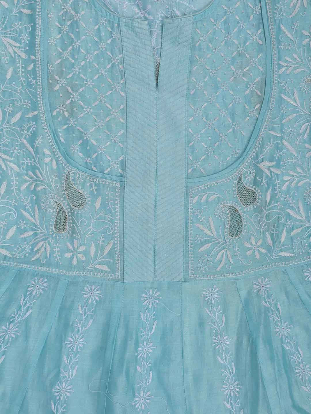 Ada Hand Embroidered Arctic Blue Chanderi Lucknowi Chikankari Semi-Stitched Anarkali Kurta Dupatta Set With Zari Work 01A231898