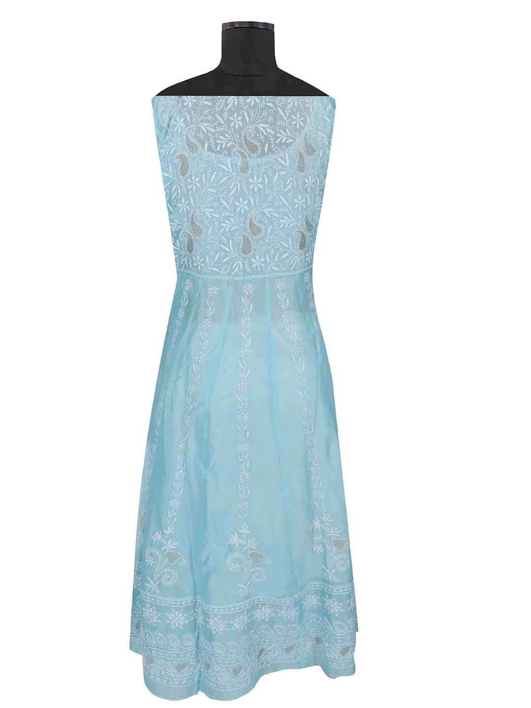 Ada Hand Embroidered Arctic Blue Chanderi Lucknowi Chikankari Semi-Stitched Anarkali Kurta Dupatta Set With Zari Work 01A231898
