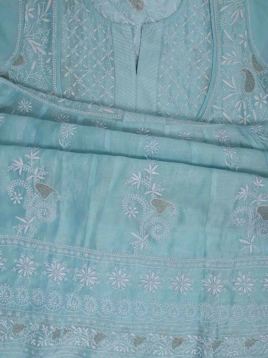 Ada Hand Embroidered Arctic Blue Chanderi Lucknowi Chikankari Semi-Stitched Anarkali Kurta Dupatta Set With Zari Work 01A231898