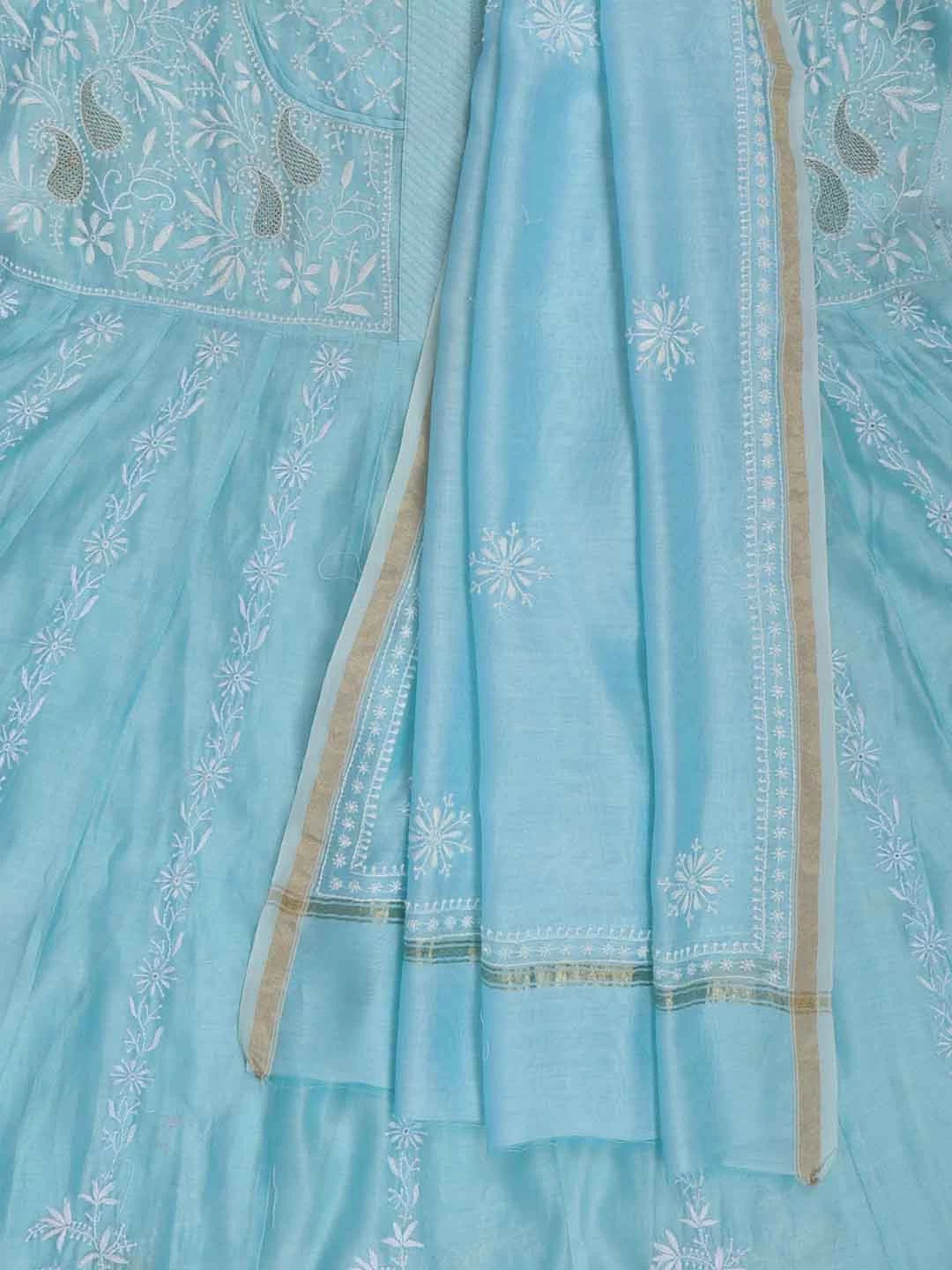 Ada Hand Embroidered Arctic Blue Chanderi Lucknowi Chikankari Semi-Stitched Anarkali Kurta Dupatta Set With Zari Work 01A231898