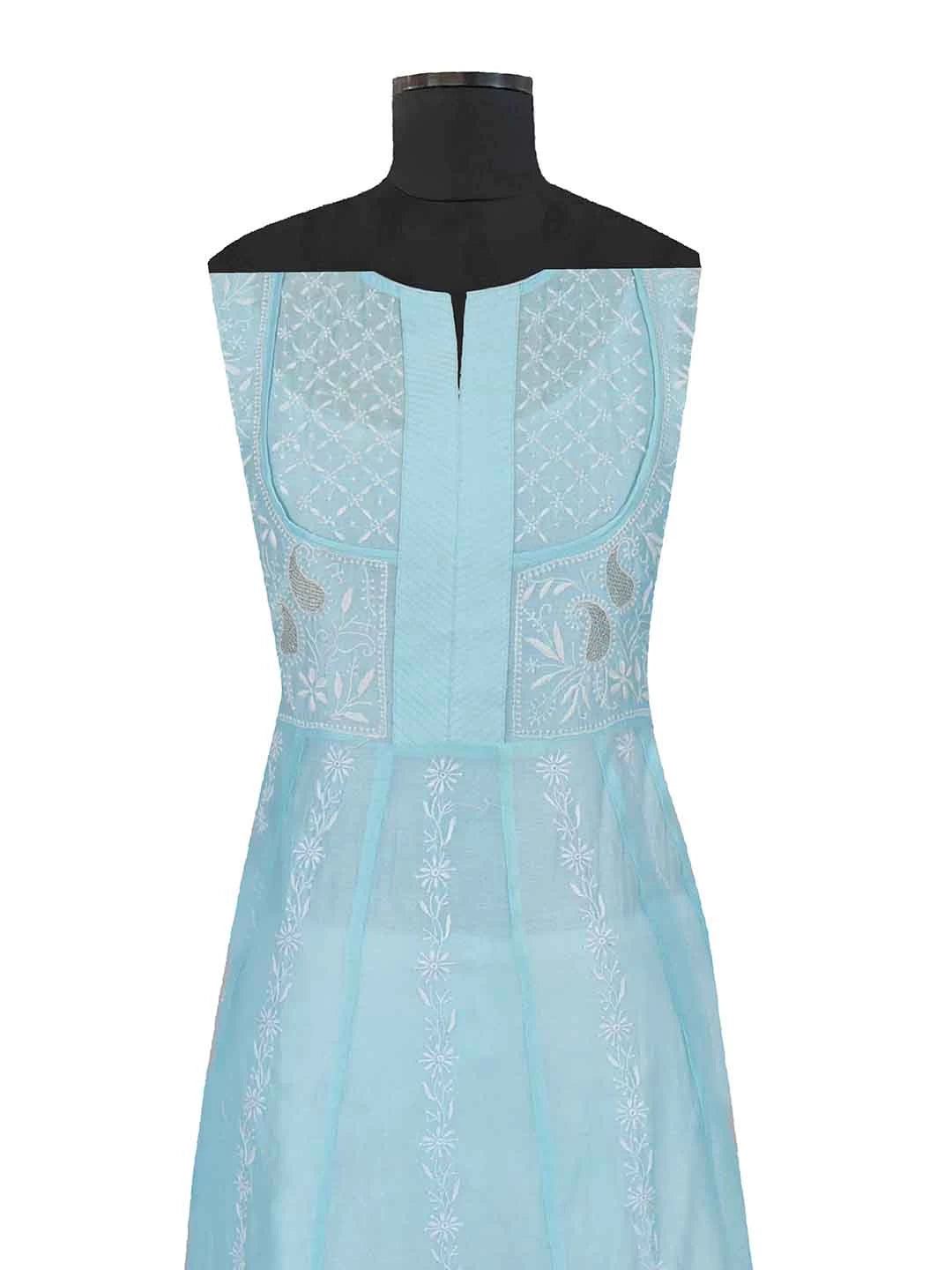 Ada Hand Embroidered Arctic Blue Chanderi Lucknowi Chikankari Semi-Stitched Anarkali Kurta Dupatta Set With Zari Work 01A231898