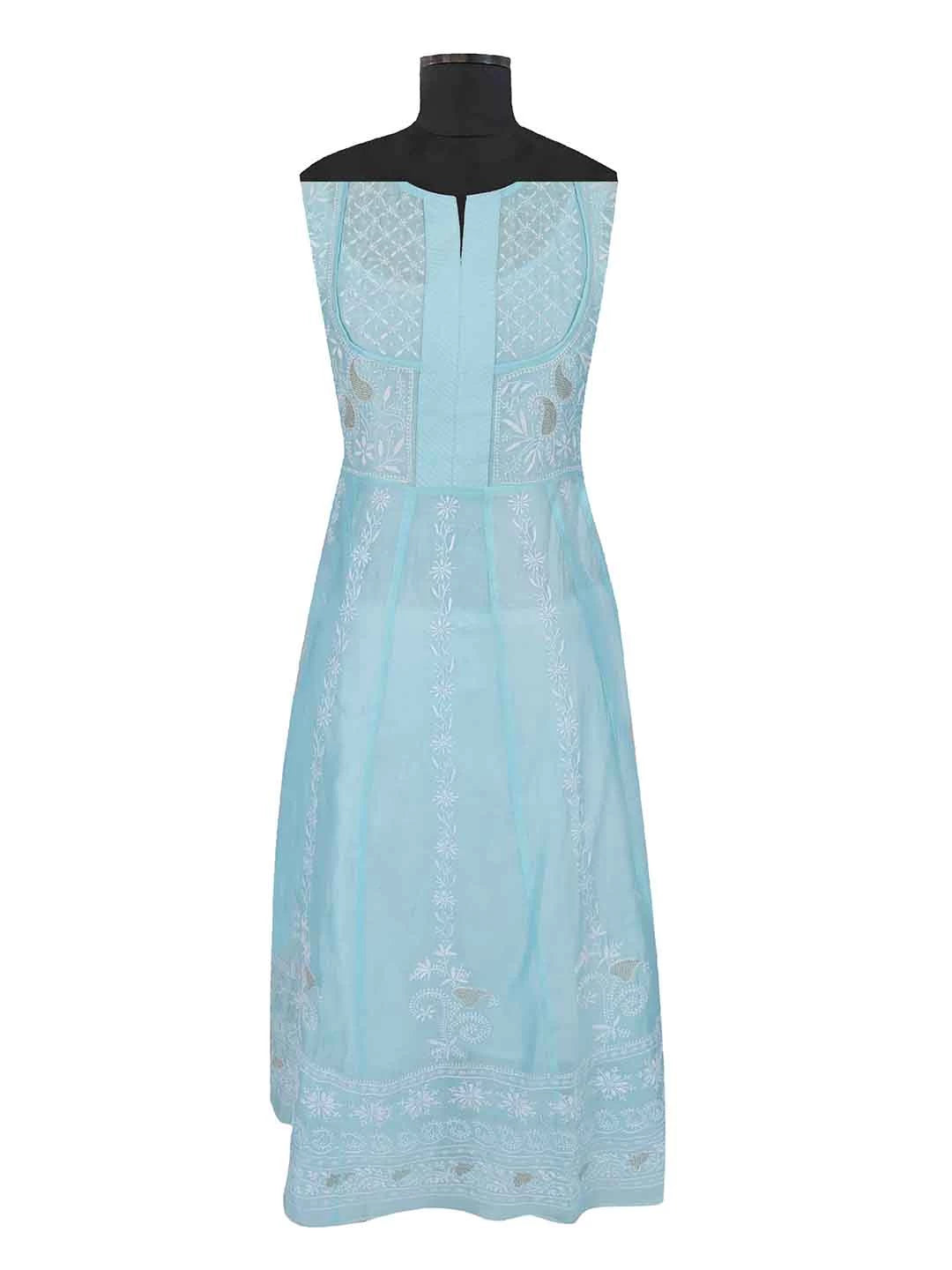 Ada Hand Embroidered Arctic Blue Chanderi Lucknowi Chikankari Semi-Stitched Anarkali Kurta Dupatta Set With Zari Work 01A231898