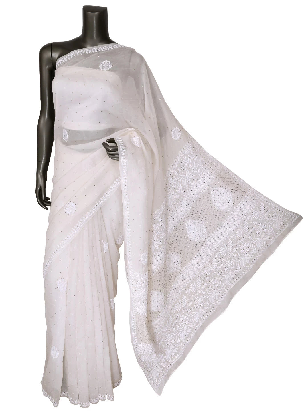 Ada Hand Embroidered Off White Organza Lucknowi Chikankari Saree/Blouse With Mukaish Work 01A376538