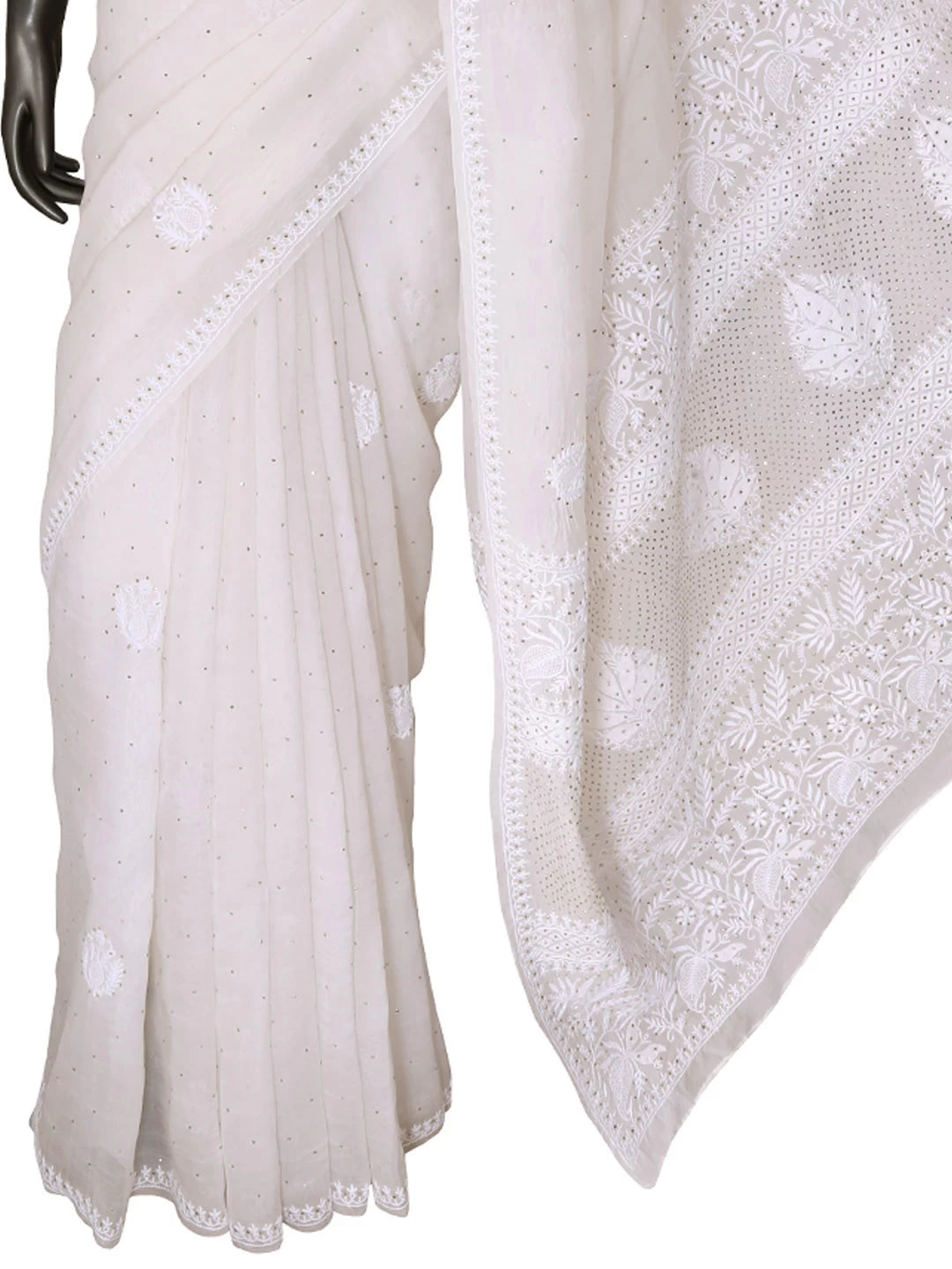 Ada Hand Embroidered Off White Organza Lucknowi Chikankari Saree/Blouse With Mukaish Work 01A376538