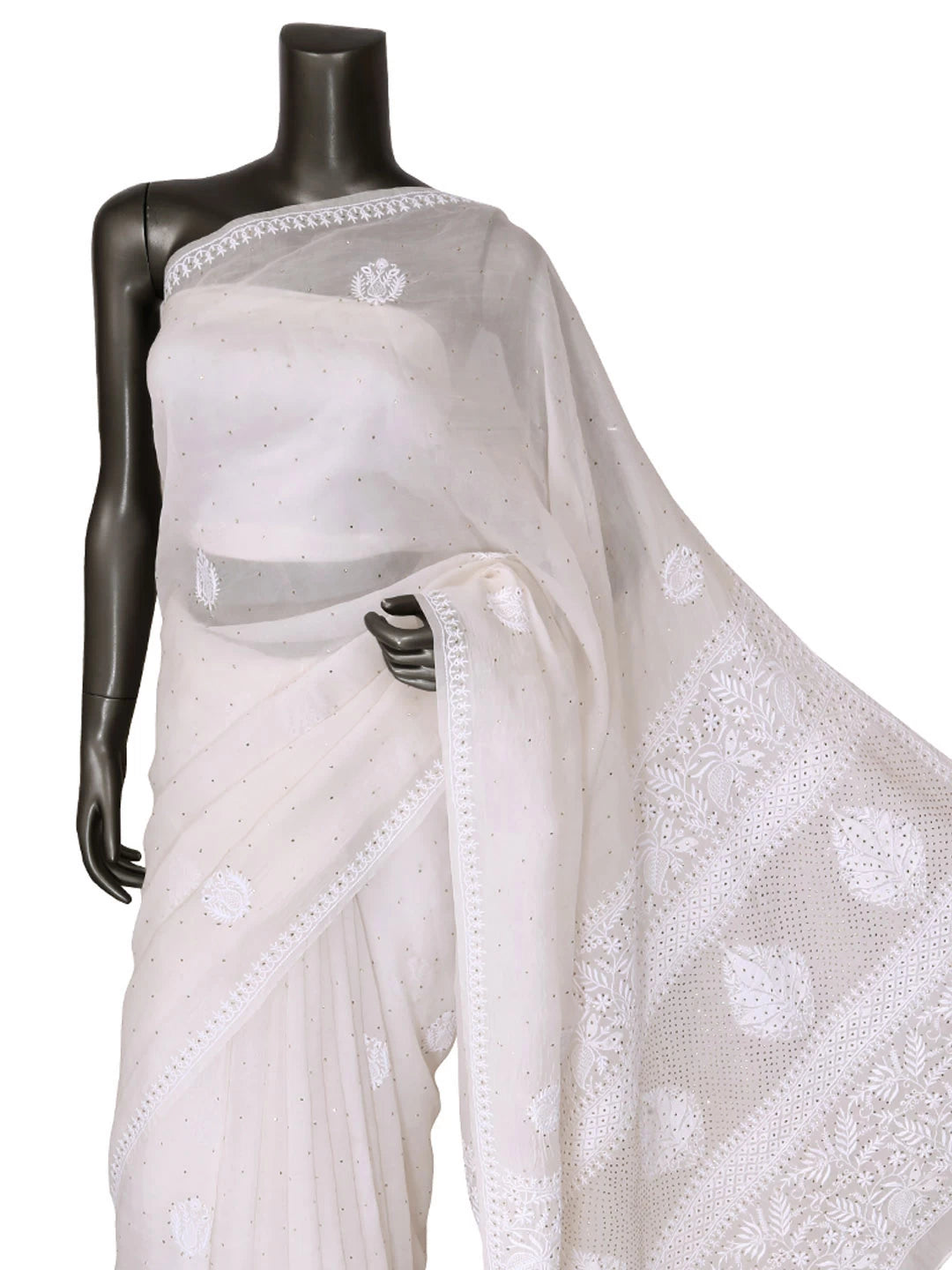 Ada Hand Embroidered Off White Organza Lucknowi Chikankari Saree/Blouse With Mukaish Work 01A376538