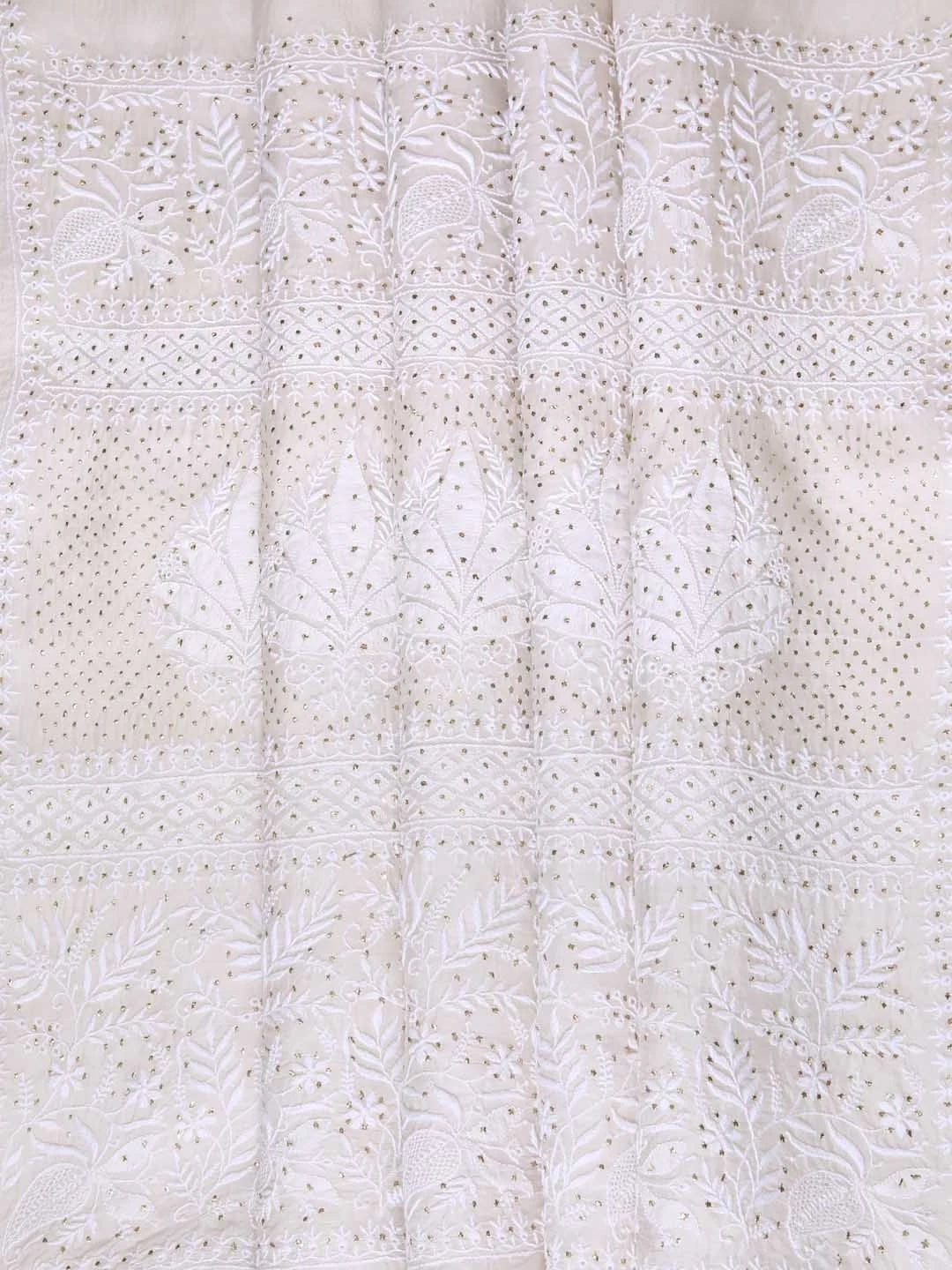 Ada Hand Embroidered Off White Organza Lucknowi Chikankari Saree/Blouse With Mukaish Work 01A376538