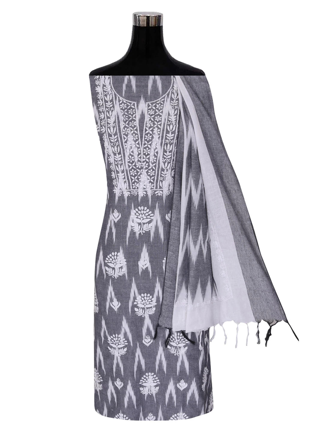 Ada Hand Embroidered Grey Cotton Lucknowi Chikankari Unstitched Kurta Dupatta Set 01A384892