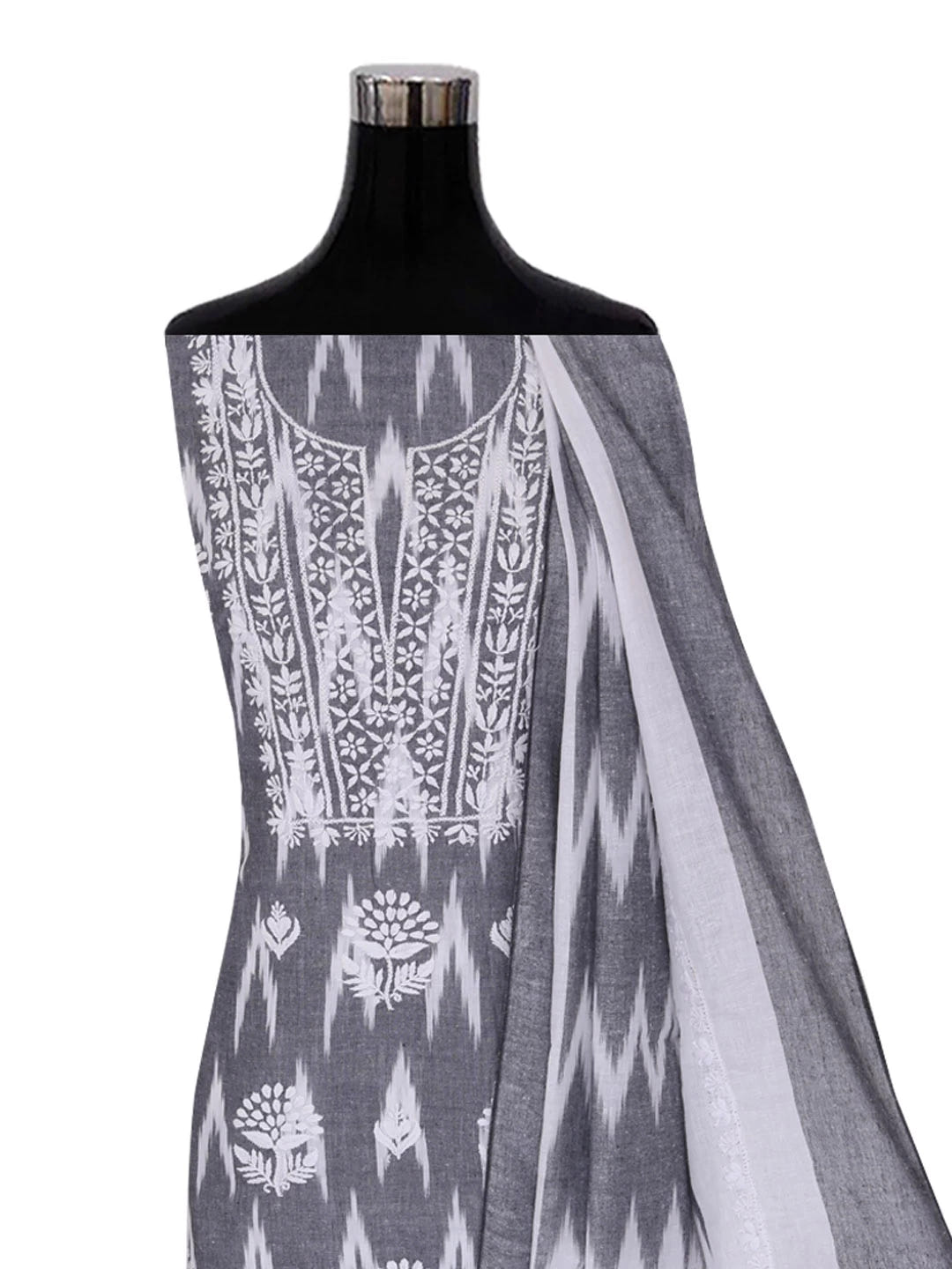 Ada Hand Embroidered Grey Cotton Lucknowi Chikankari Unstitched Kurta Dupatta Set 01A384892