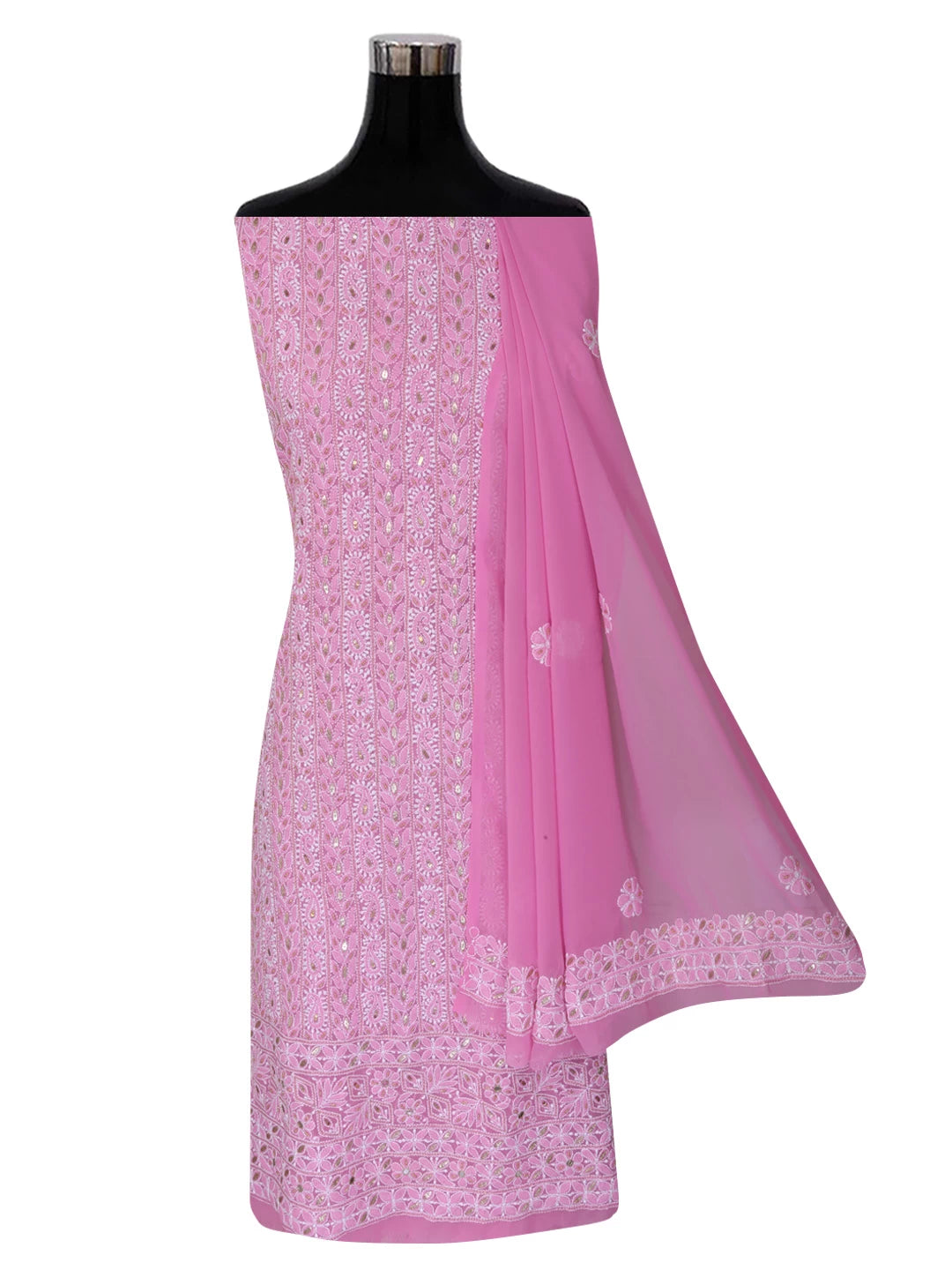 Ada Hand Embroidered Pink Georgette Lucknowi Chikankari Unstitched Suit Piece With Gota Patti Work 01A409084
